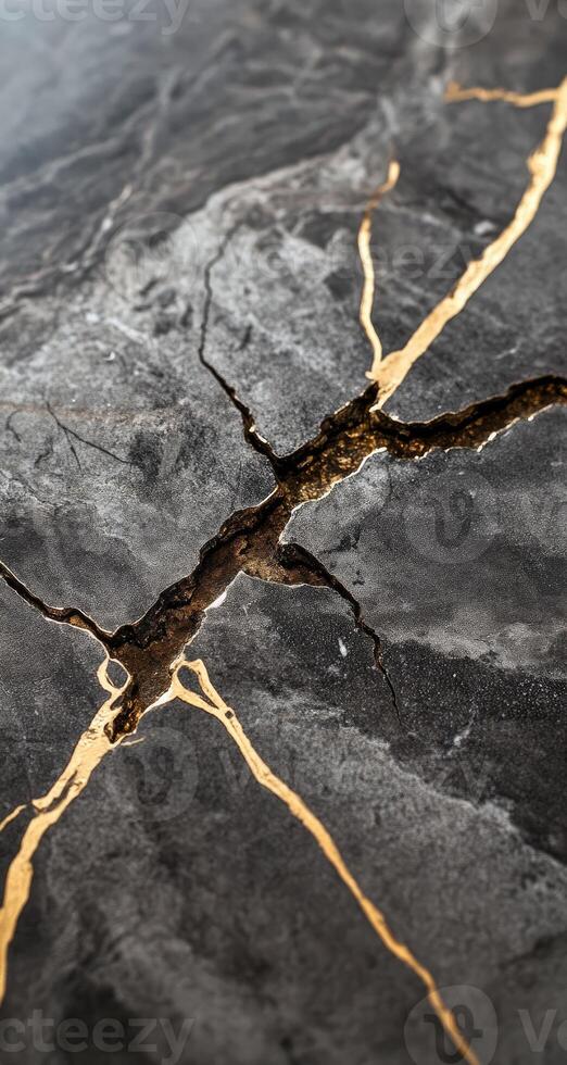 Close-up of cracked dark stone with gold veins photo