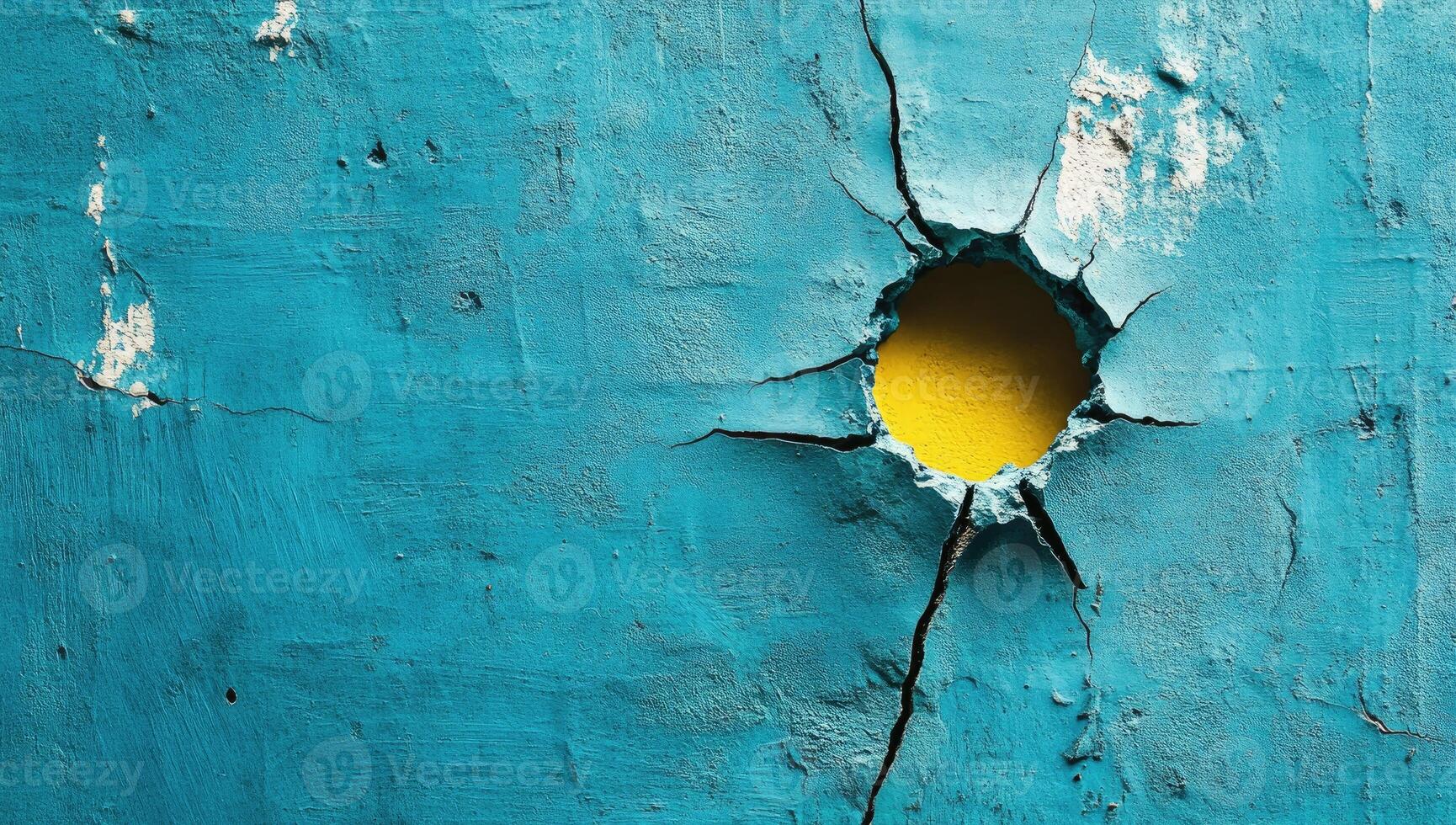 Cracked teal wall with a yellow hole photo