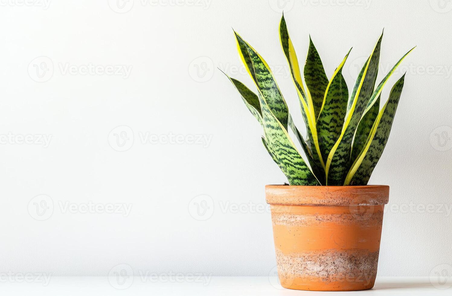 Vibrant snake plant in terracotta pot against white wall photo