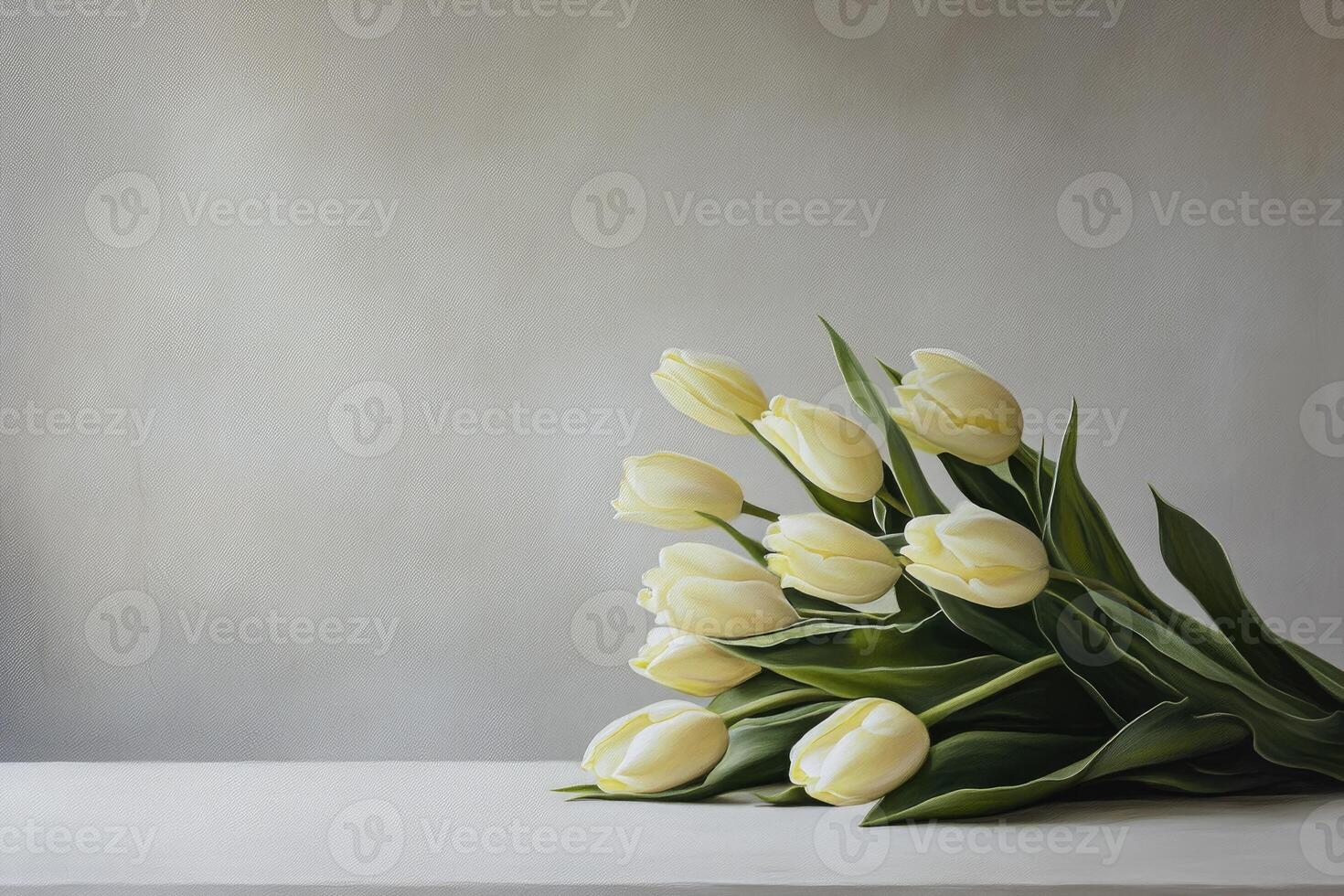 Pale yellow tulips on a light gray surface photo