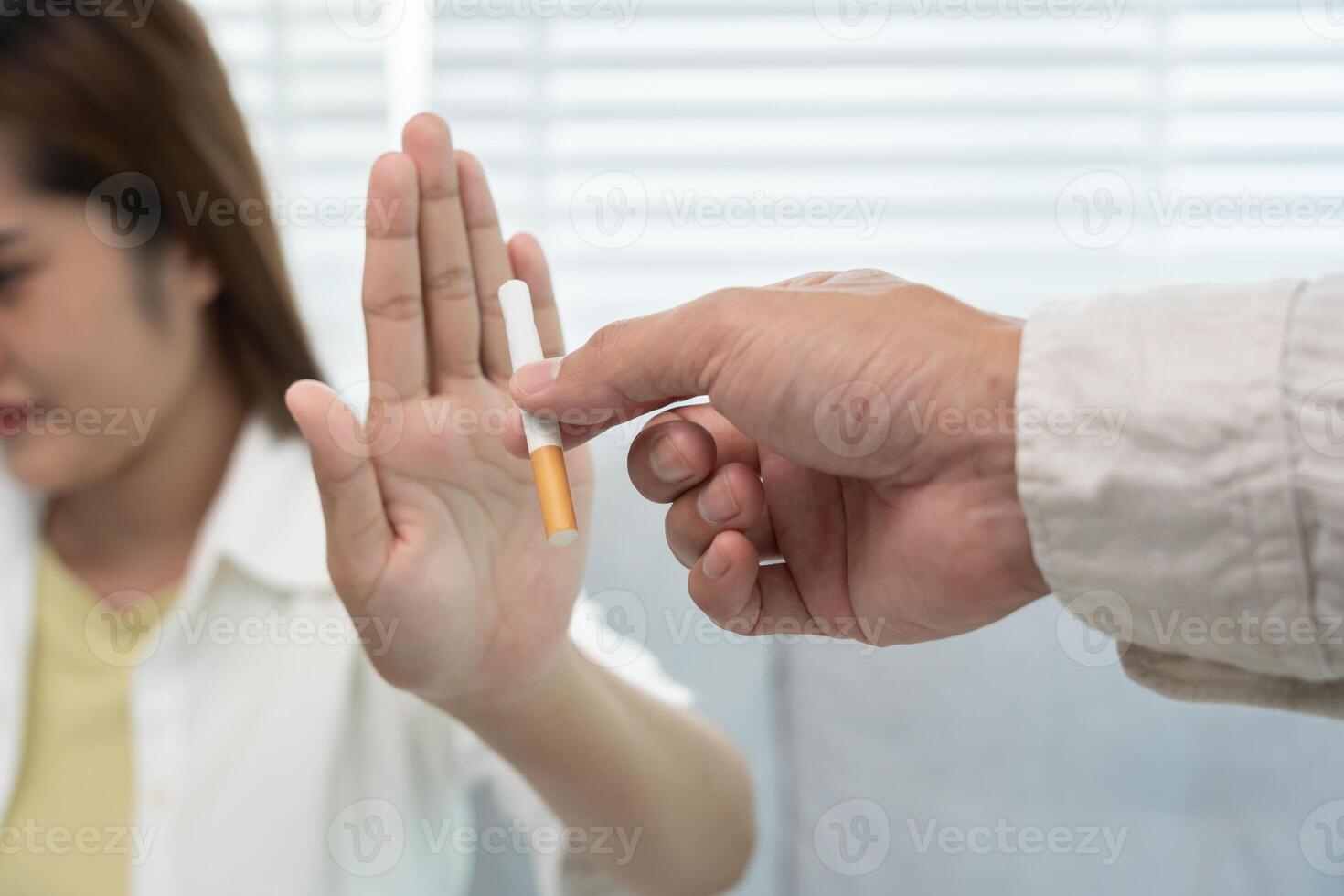 No smoking. Woman stop , refuse, reject, break take cigarette, say no. quit smoking for health. world tobacco day. drugs, Lung Cancer, emphysema , Pulmonary disease, narcotic, nicotine effect photo