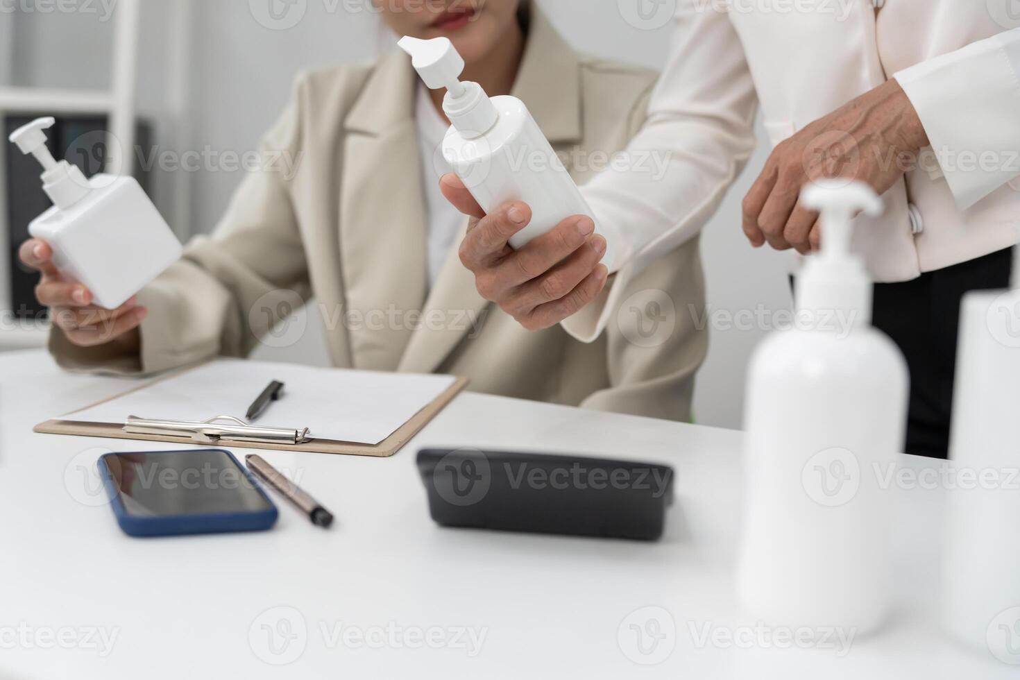 Business or market woman team present product for customer, research and development discuss swot analysis, investment, marketing research , trending products report, findings and ideas, project photo