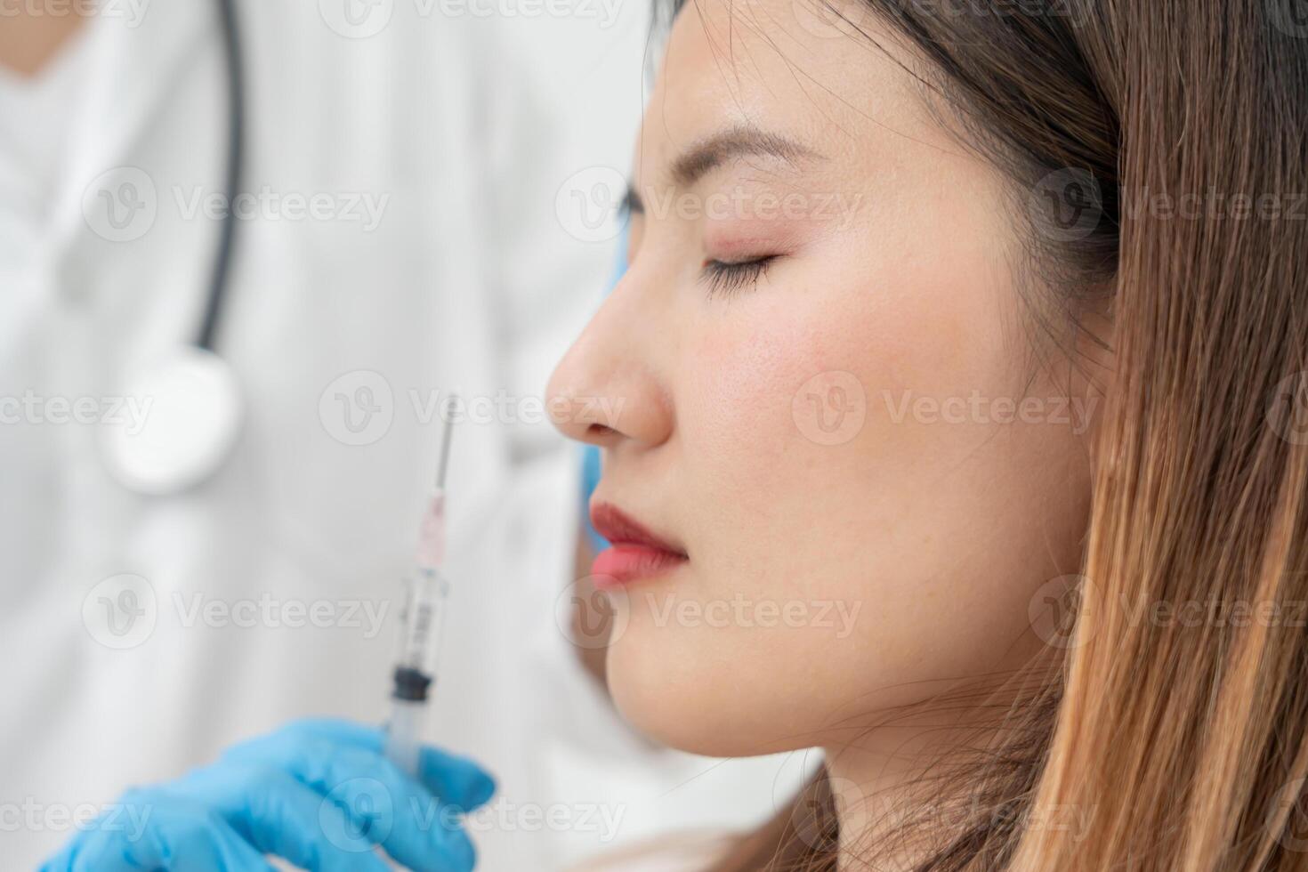 Cosmetic surgery, skin whitening injection, filler injection, Skin reface, beautiful Asian woman receive beauty treatments at beauty clinic, skincare, pore rejuvenation, wrinkle, baby face photo