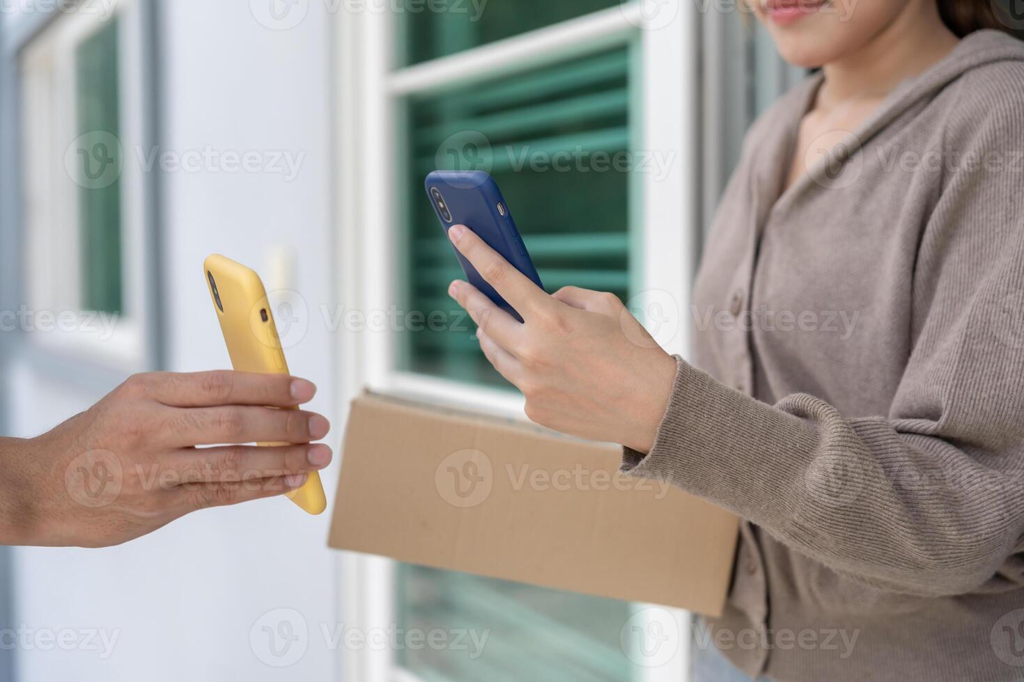 woman scan QR code for pay of food. Delivery man send deliver express. online shop, paper container, takeaway, postman, delivery service, packages, electronic money, Digital transfer photo