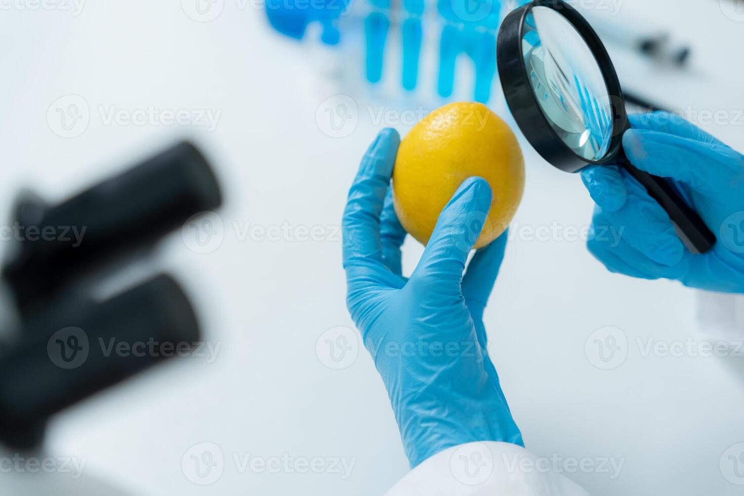 Scientist use magnifying glass to check physical occur from chemical on fruit and vegetable residues in laboratory. inspect the concentration of chemical residues. find prohibited substances photo