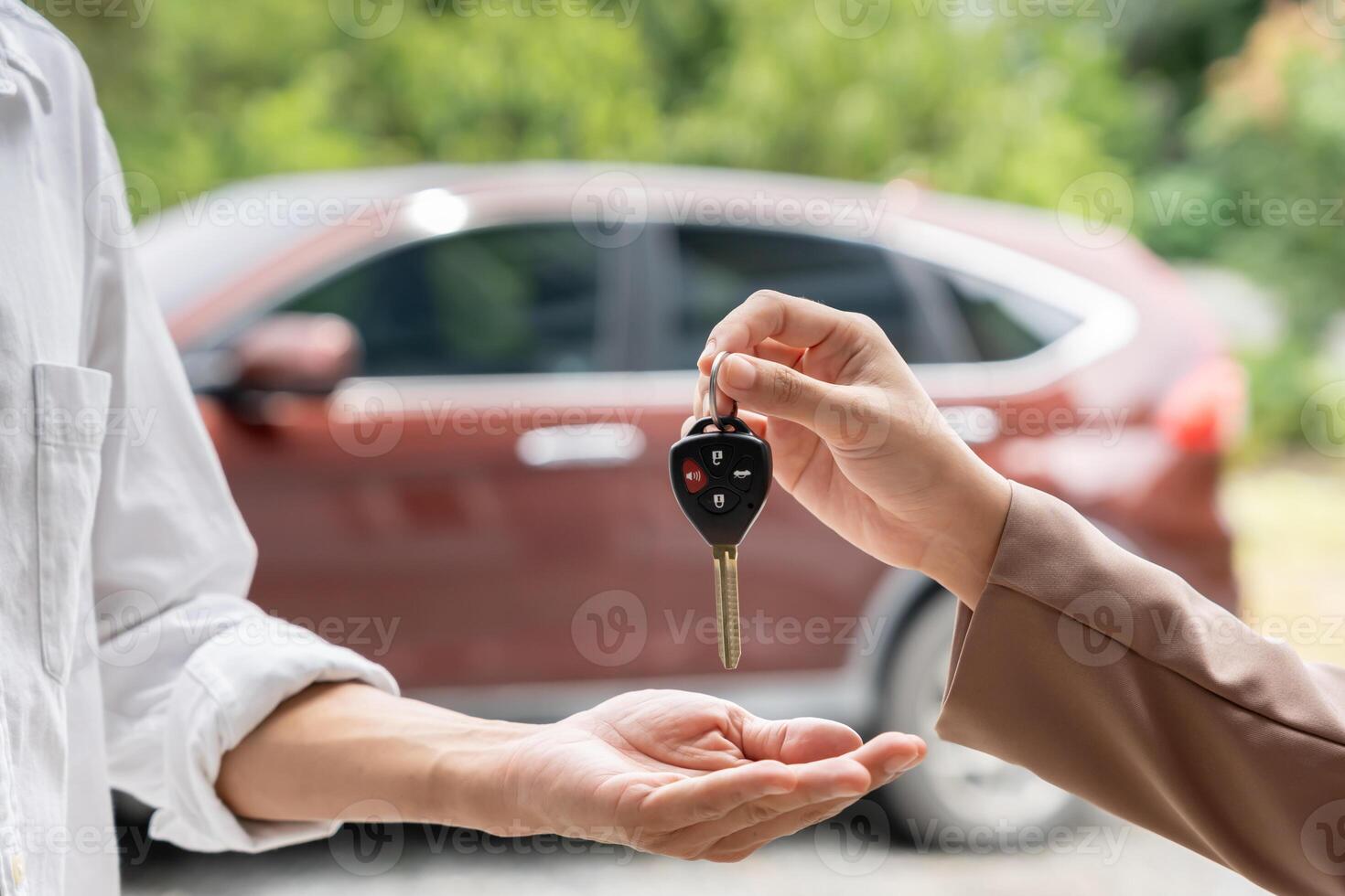 lease, rental car, sell. Dealership manager send car keys to the new owner. Sales, loan credit financial, rent vehicle, insurance, renting, Seller, dealer, installment, car care business. photo