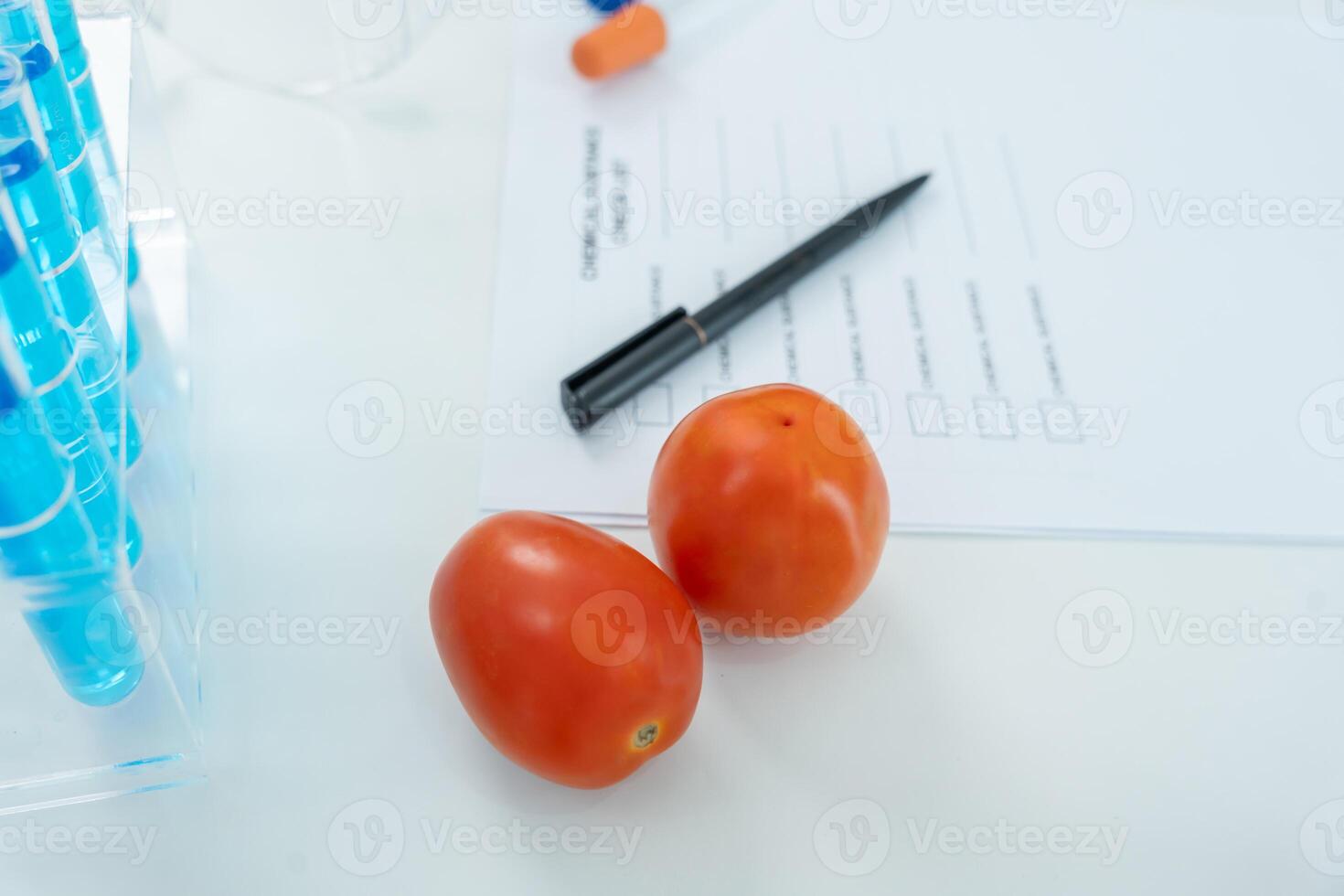 Chemical substance check list for chemical food residues in laboratory. Control experts inspect quality of fruits, vegetables. lab, find prohibited substances, contaminate, Microscope. Microbiologist photo