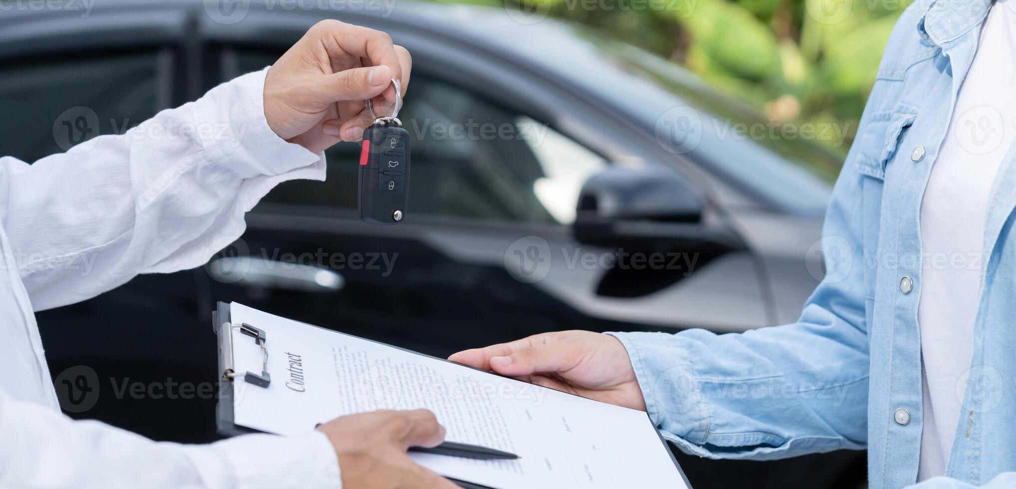 Used car, rental car, sell, happy pass on key for new owner. Sales, loan credit financial, rent vehicle, insurance, renting, Seller, dealer, installment, car care business photo