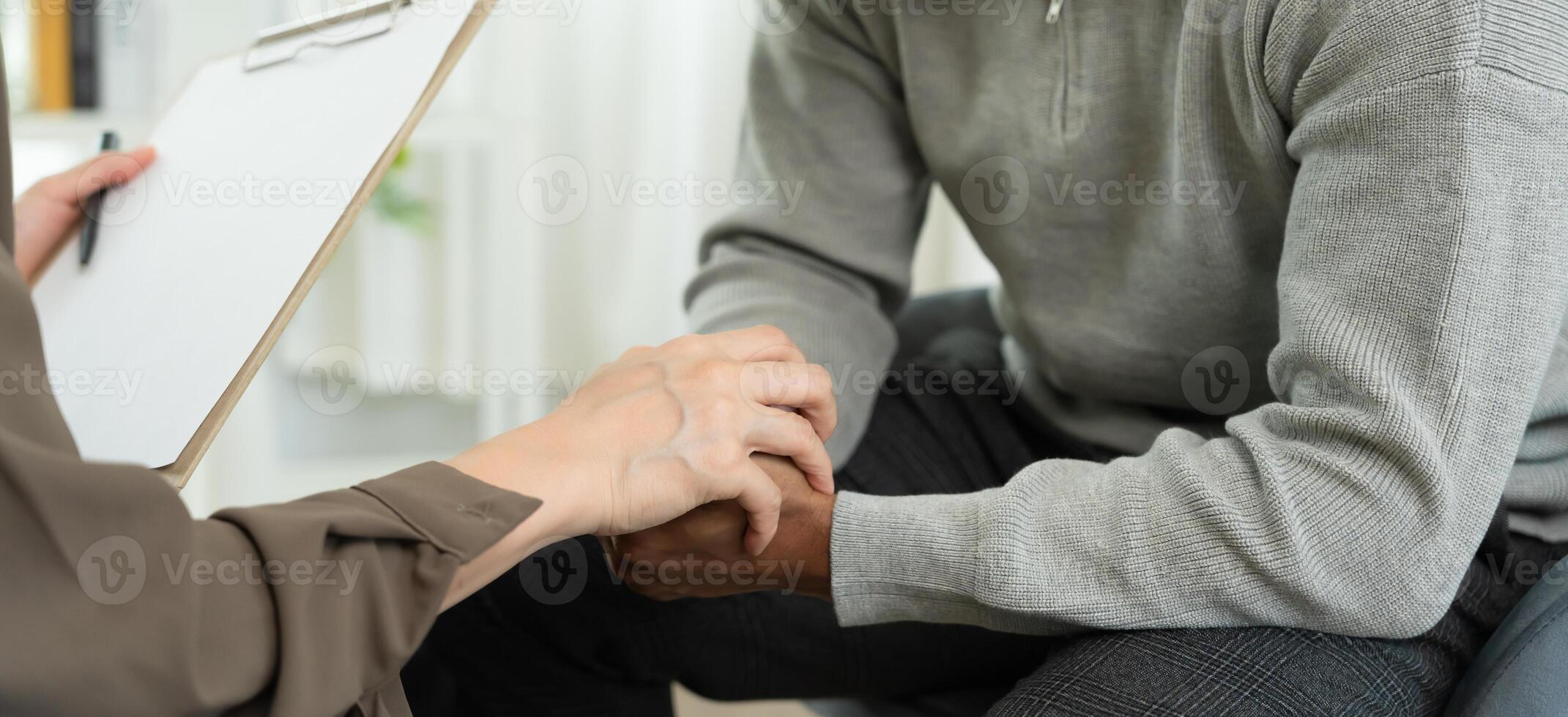 hold hand support each while discussing family issues. doctor encourages and empathy man suffers depression. psychological, save divorce, Hand in hand together, trust, care photo