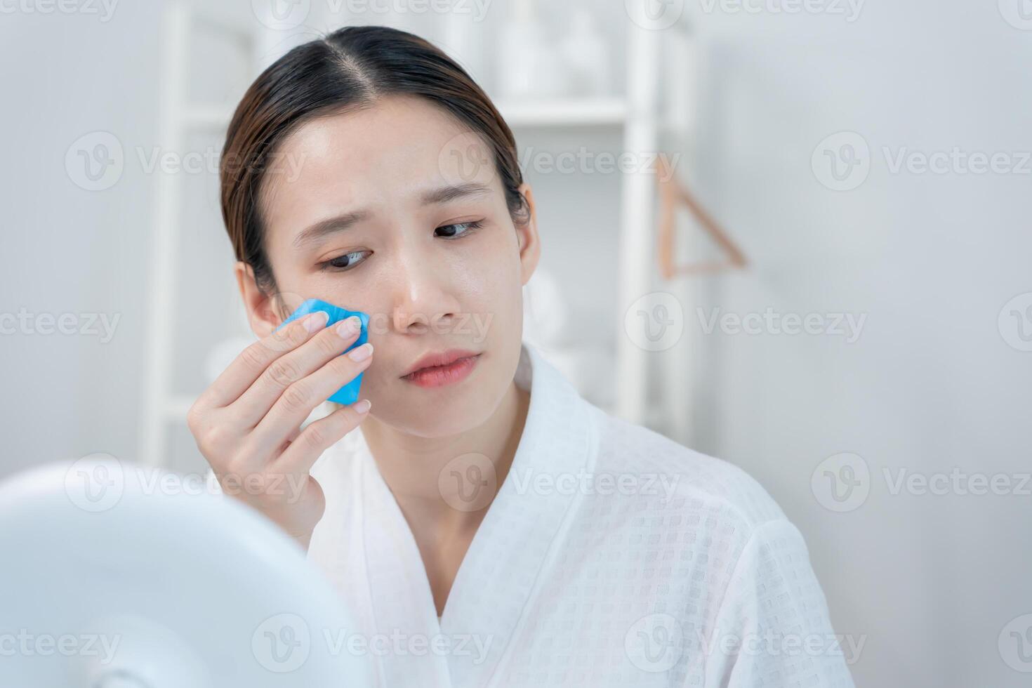 Oily face problem, Woman worried about face Dermatology, pores, uneven face, sensitive skin, red face from sunburn, acne, dry skin, large pores ,rash face, dull, freckles, wrinkle, skin problem photo