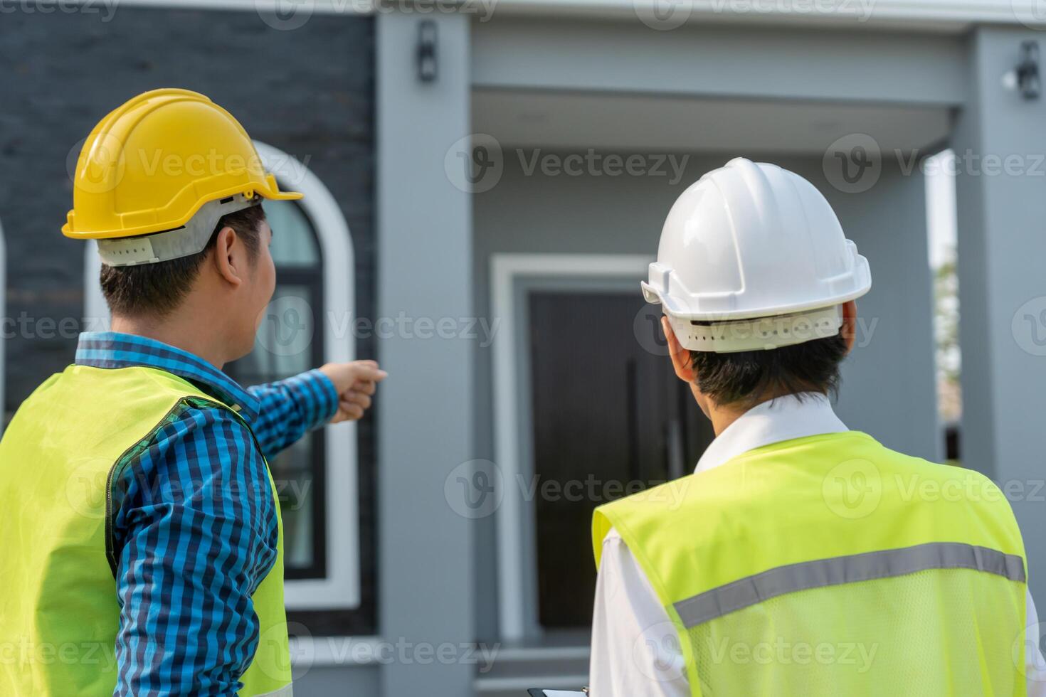 Engineers team use checklist and check the blueprint on site. Contractor and inspector inspection construction during project.civil Forman check quality assurance. Audit, inspect, quality control. photo