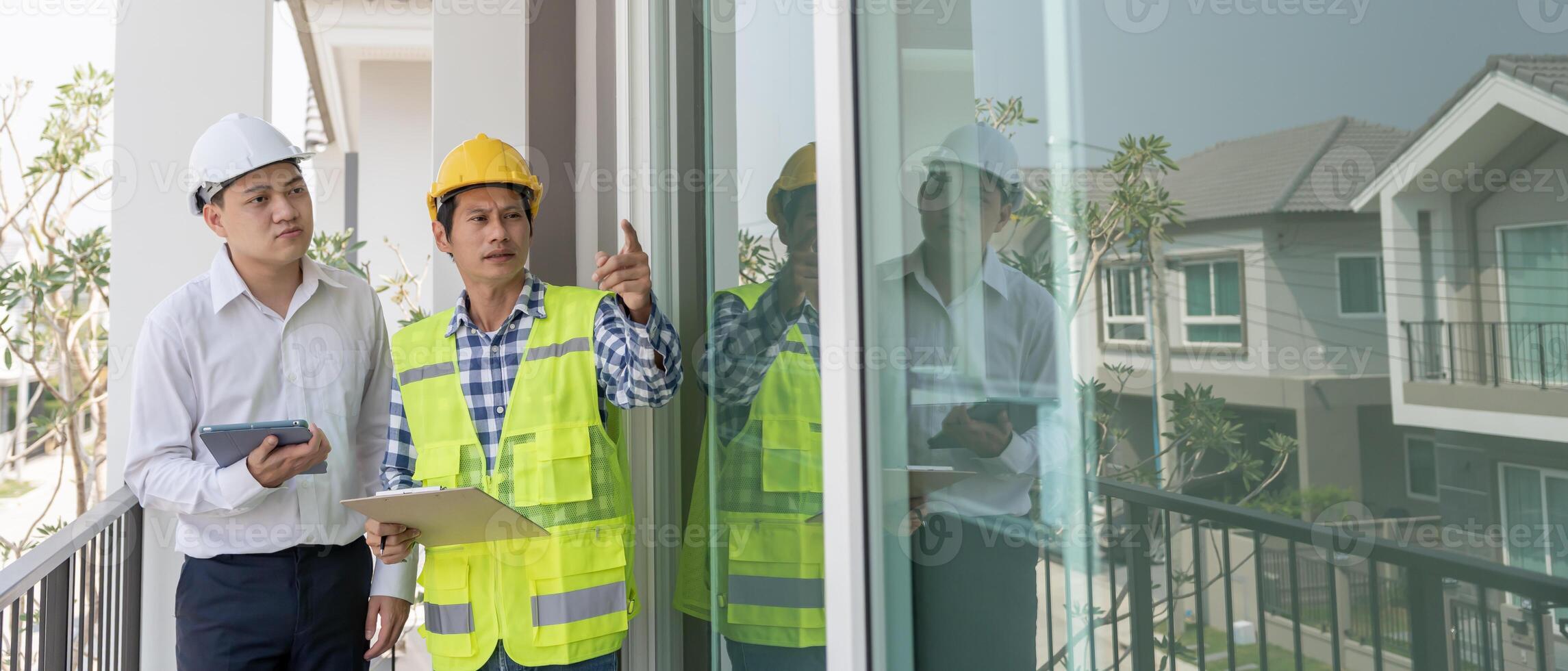 inspector engineer and owner project is inspecting construction and quality assurance new house. Engineers or architects or contactor work to build the house, photo