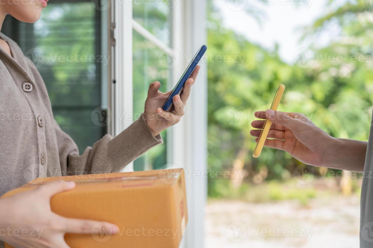 Happy smile Asian woman scan QR code for pay of food. Delivery man send deliver express. online shop, paper container, takeaway, postman, delivery service, packages, electronic money, photo