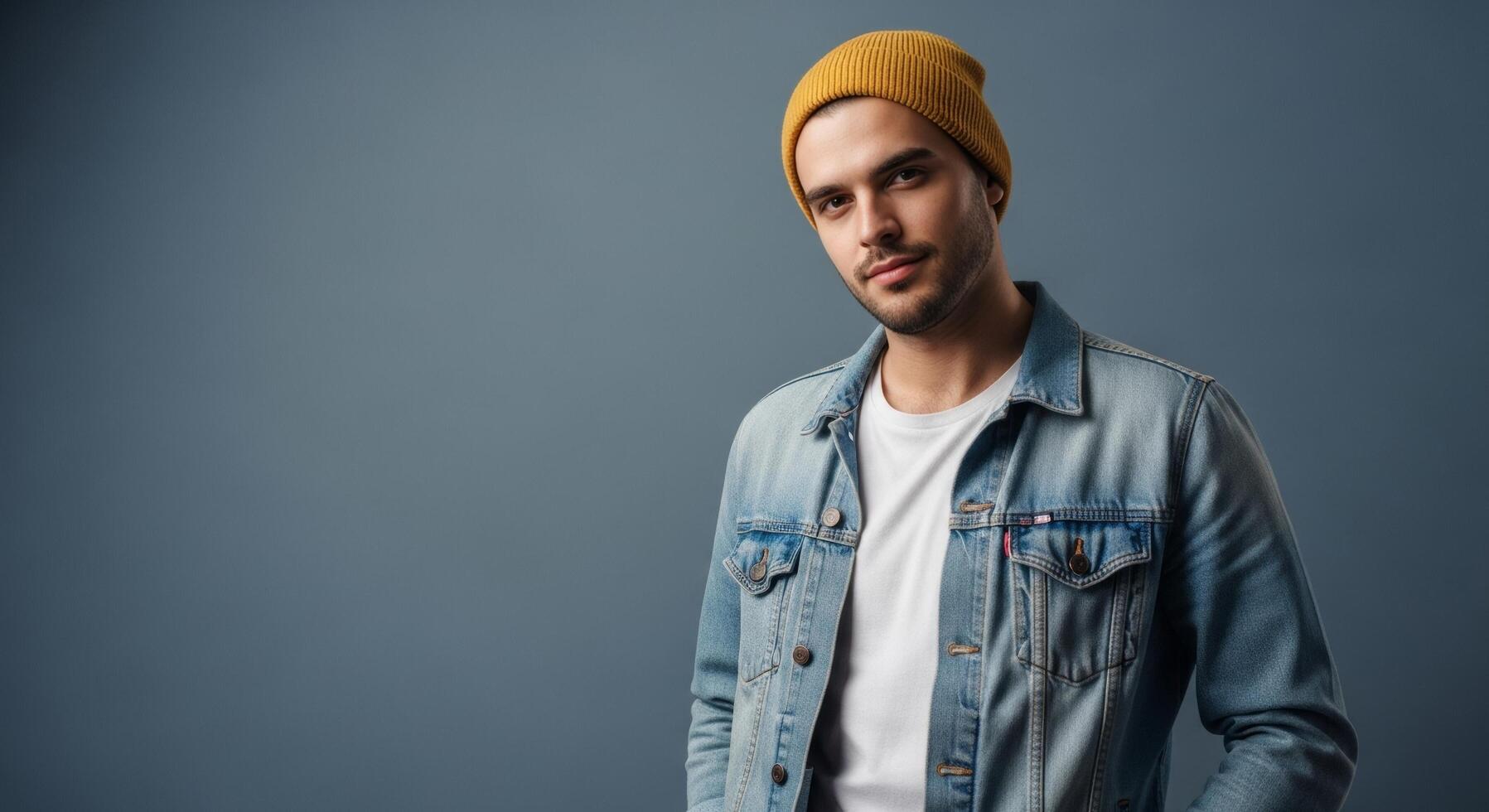Portrait of a handsome young man in a denim jacket and a yellow beanie photo