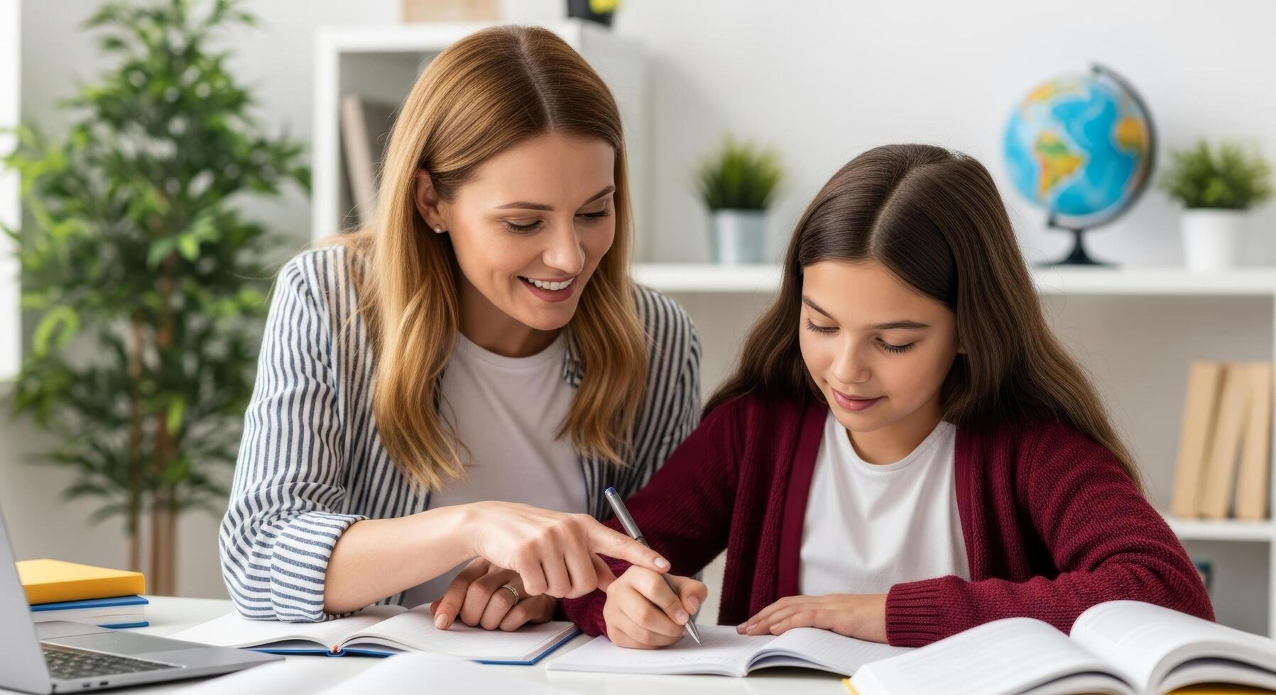 A woman and a girl are working on their homework photo