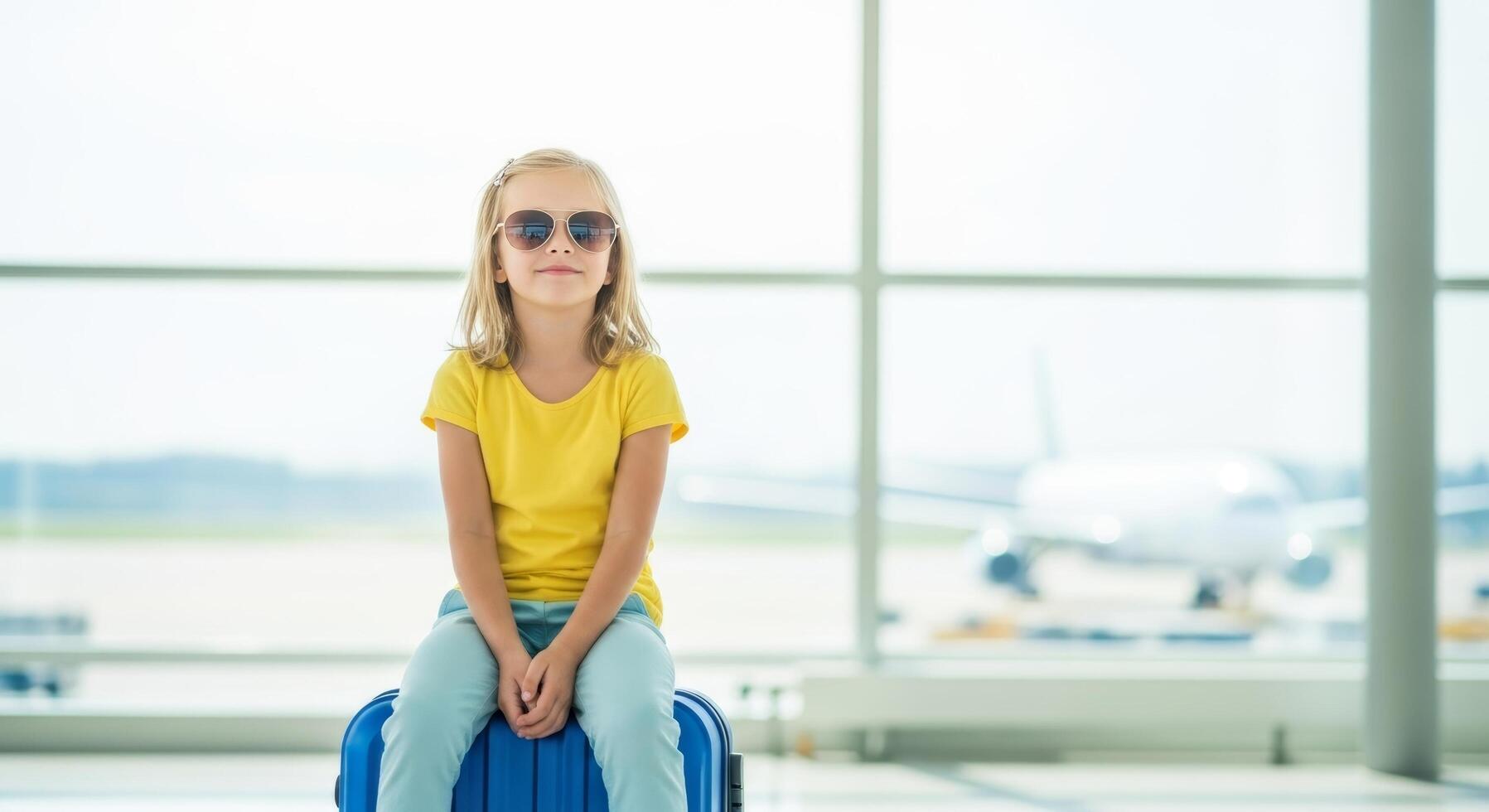 A little girl sitting on a suitcase at an airport photo