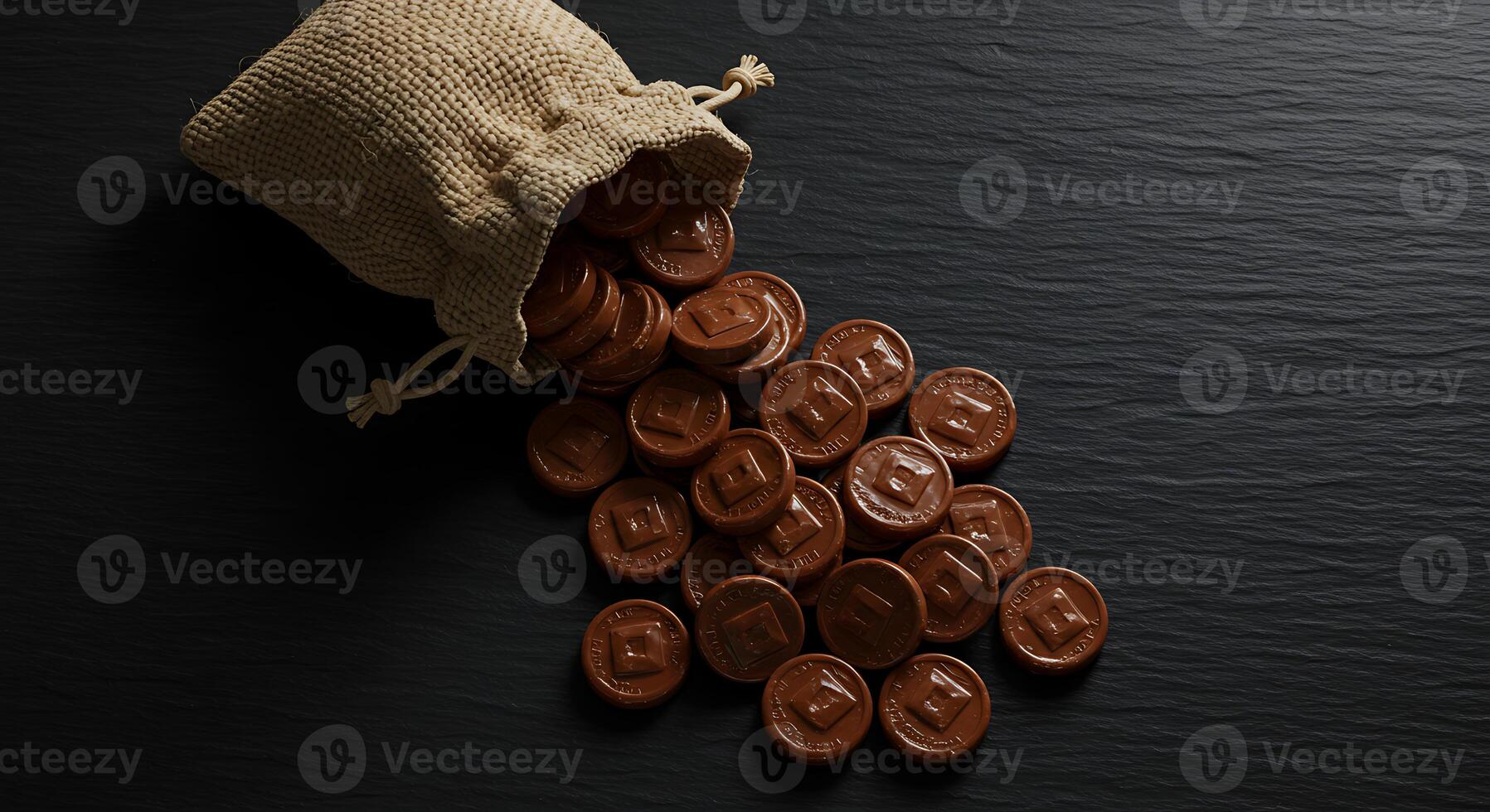 Coins Spilling From a Burlap Sack on Dark Textured Surface with Dramatic Lighting photo