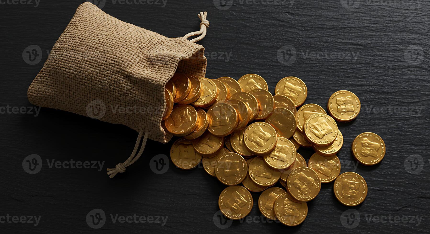 Gold Coins Spilling From a Burlap Sack on a Dark Textured Background photo