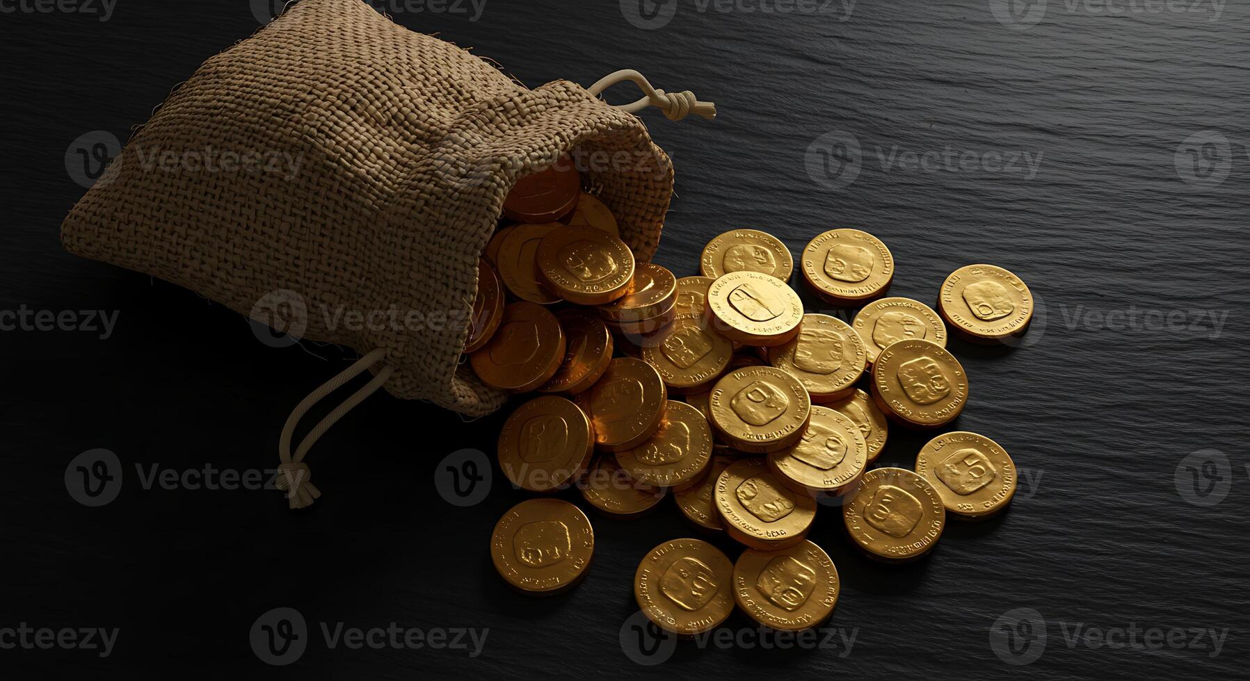 Golden Coins Spilling From a Burlap Sack on Dark Stone Surface photo