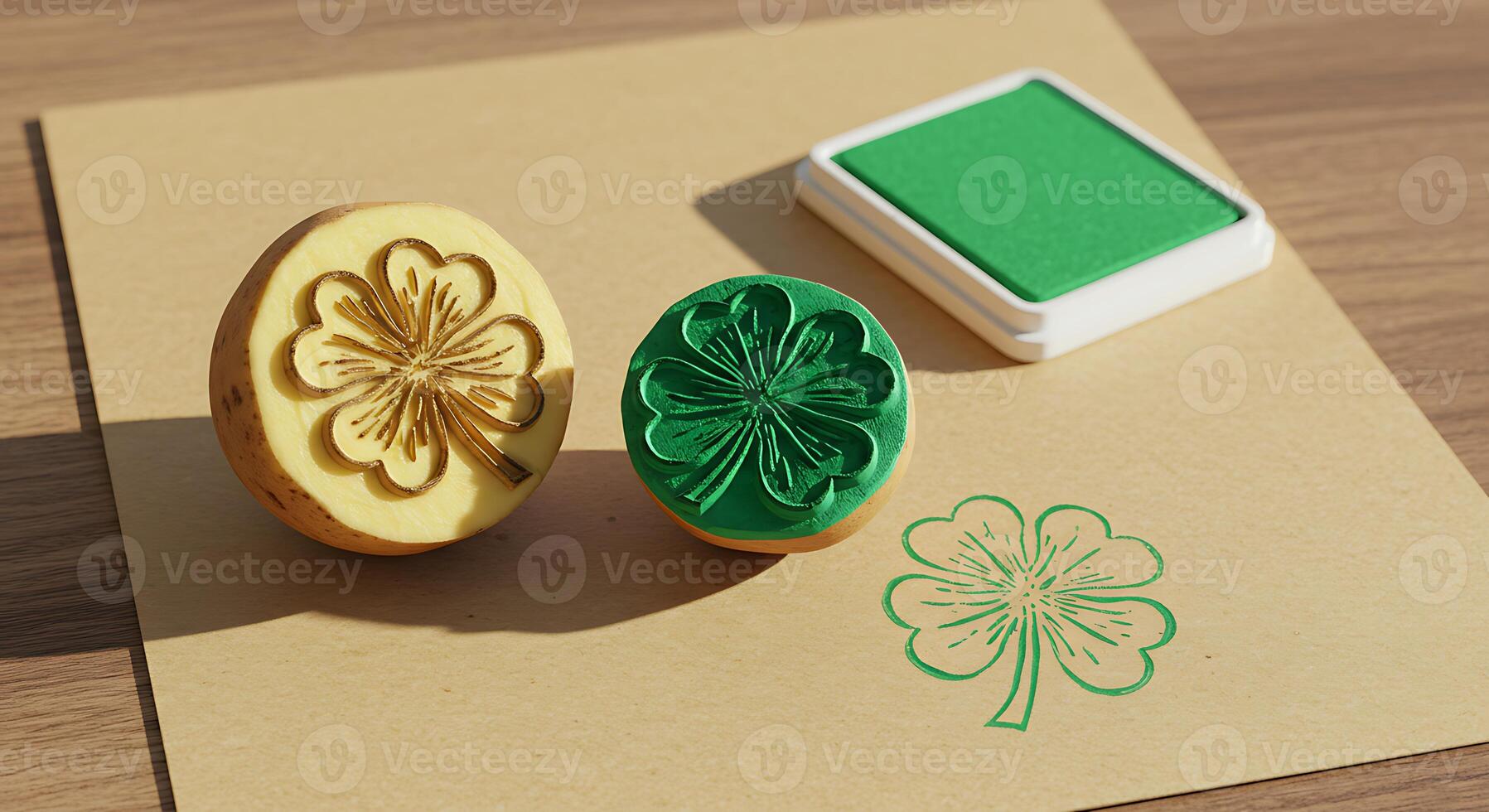 Clover Stamp and Potato Hand-carved on Brown Paper with Green Ink Pad photo