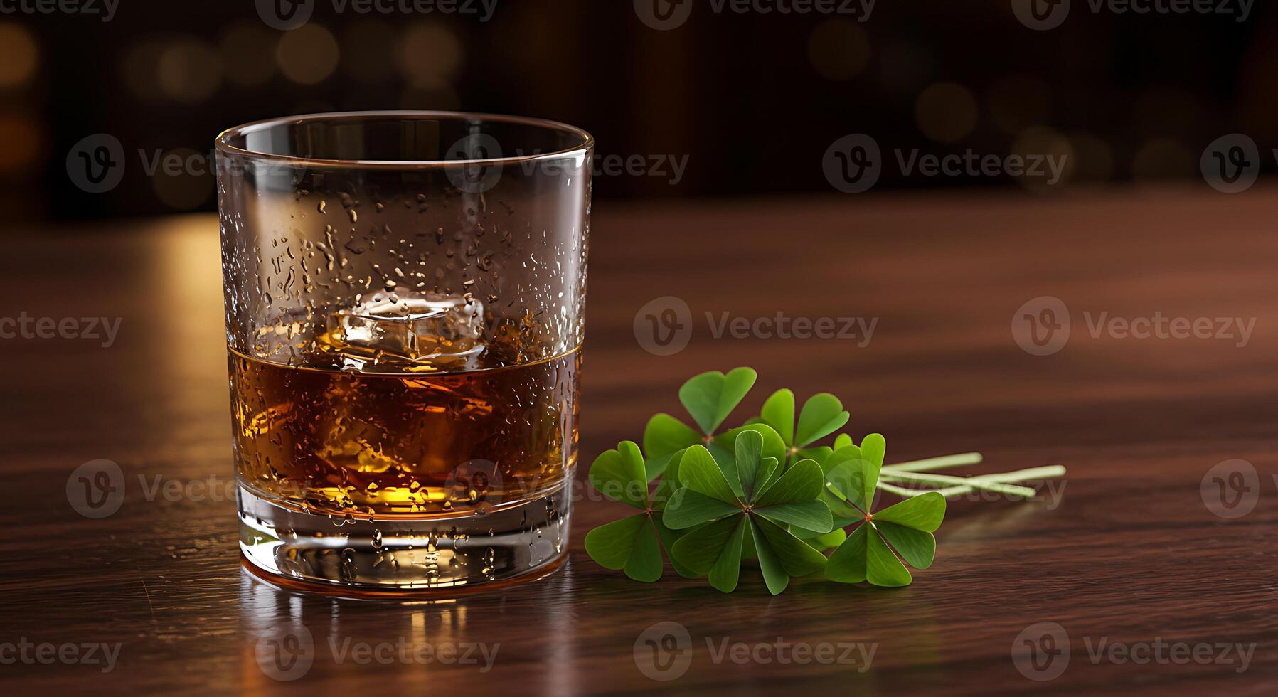 Whiskey Glass with Ice Beside Green Shamrock on Wooden Surface photo