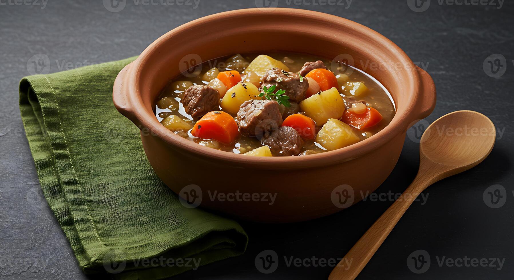 Hearty Beef Stew in Ceramic Bowl with Carrots Potatoes and Parsley photo