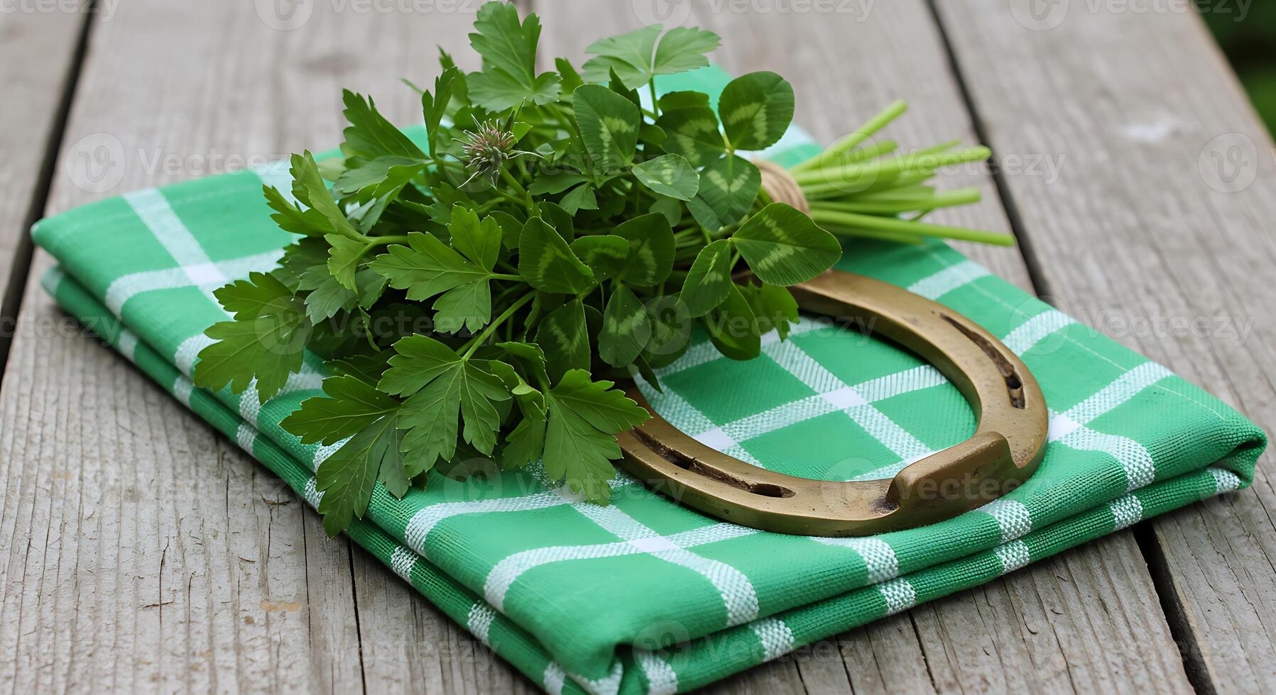 Horseshoe with Clover and Green Cloth on Wooden Table Background photo