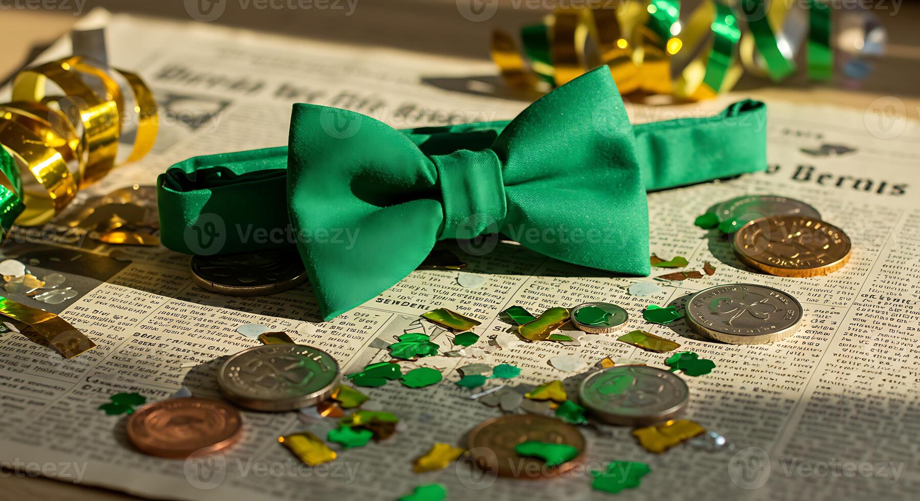 Green Bow Tie with Coins and Decorations on Newspaper Background Celebration photo