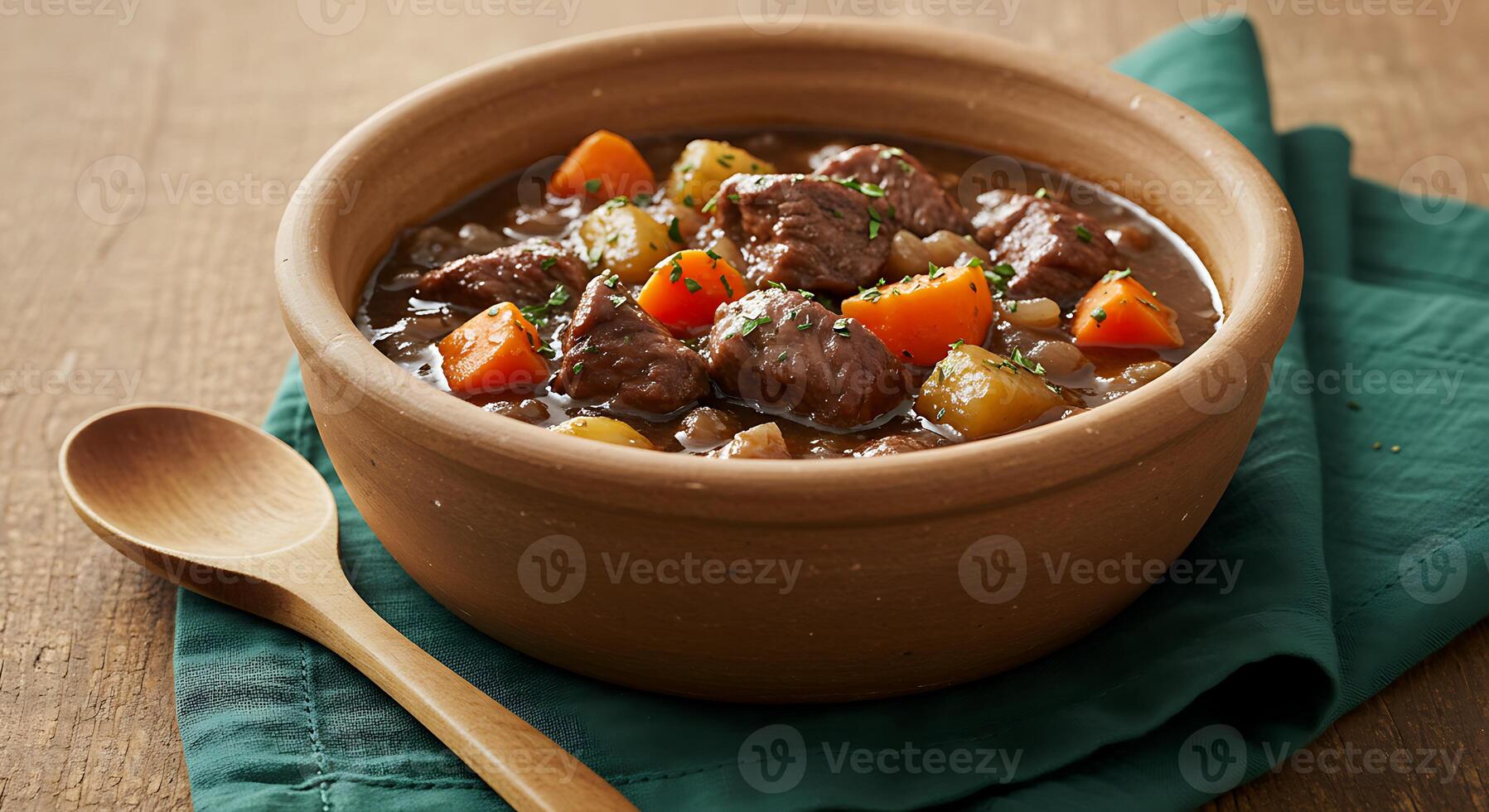 Hearty Beef Stew Served in a Rustic Bowl on Wooden Tabletop with Spoon photo