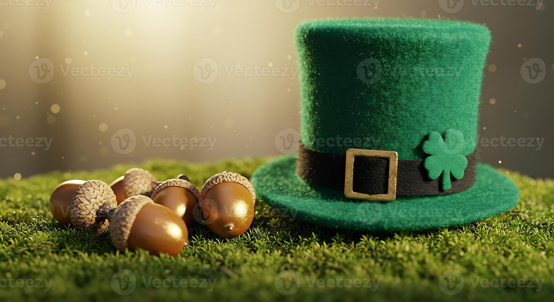 Green Hat and Acorns on Mossy Surface with St Patrick's Day Themed photo