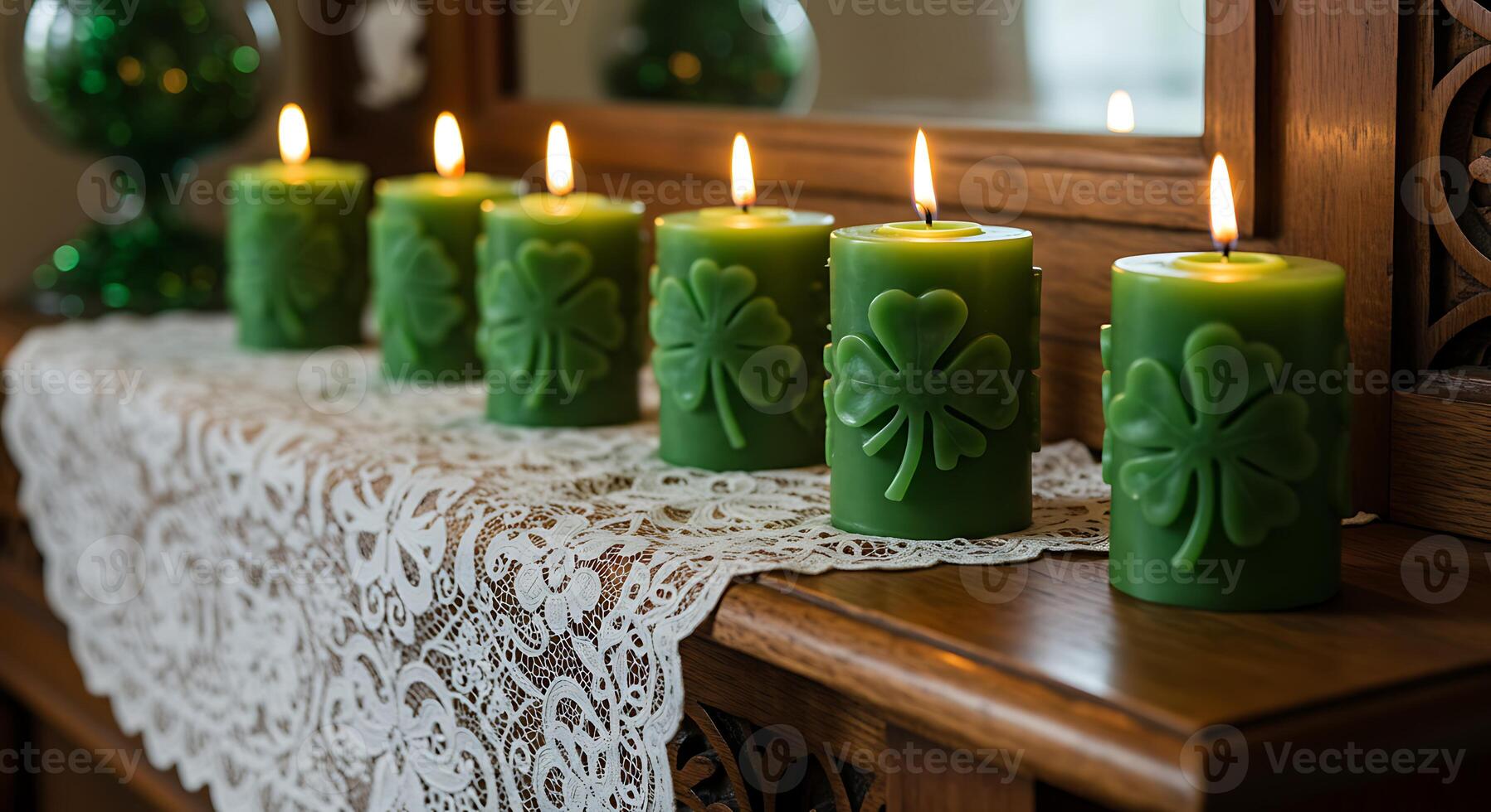 Green Lit Candles on Table Decorated with Lace and Shamrock Designs photo