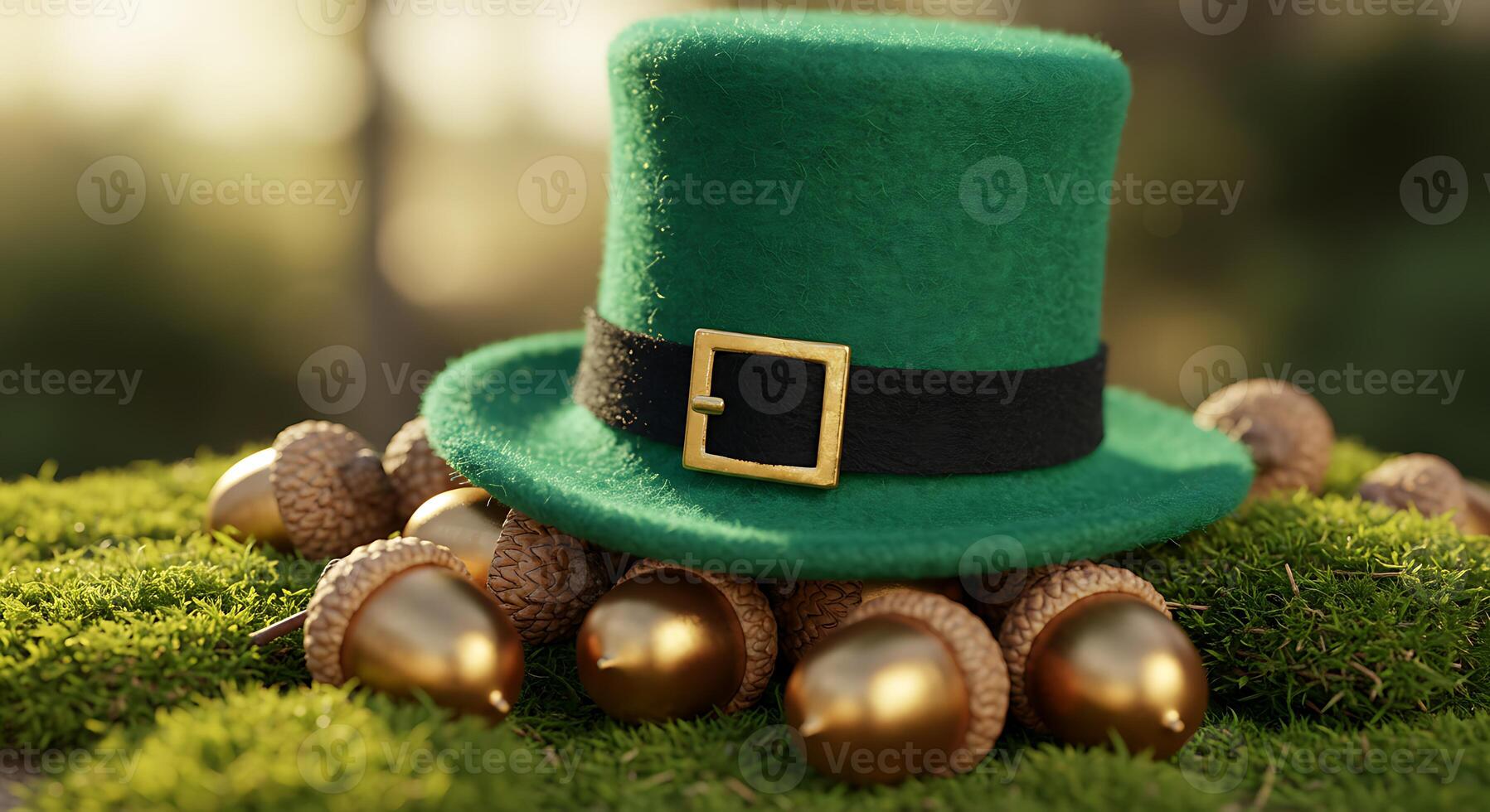 Green Hat Resting on Moss with Golden Acorns in a Natural Outdoor Setting photo