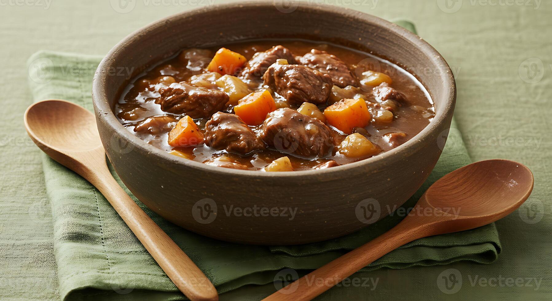 Hearty Beef Stew in Bowl with Vegetables and Wooden Spoons on Green Linen photo