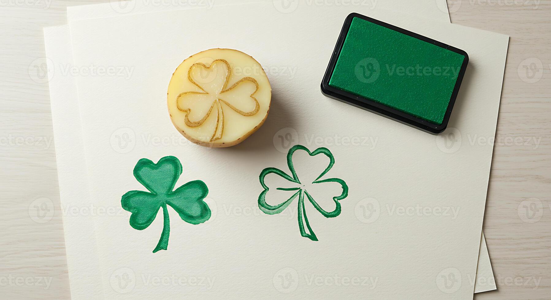 Potato Stamp Crafting Clover Designs with Green Ink on White Paper photo