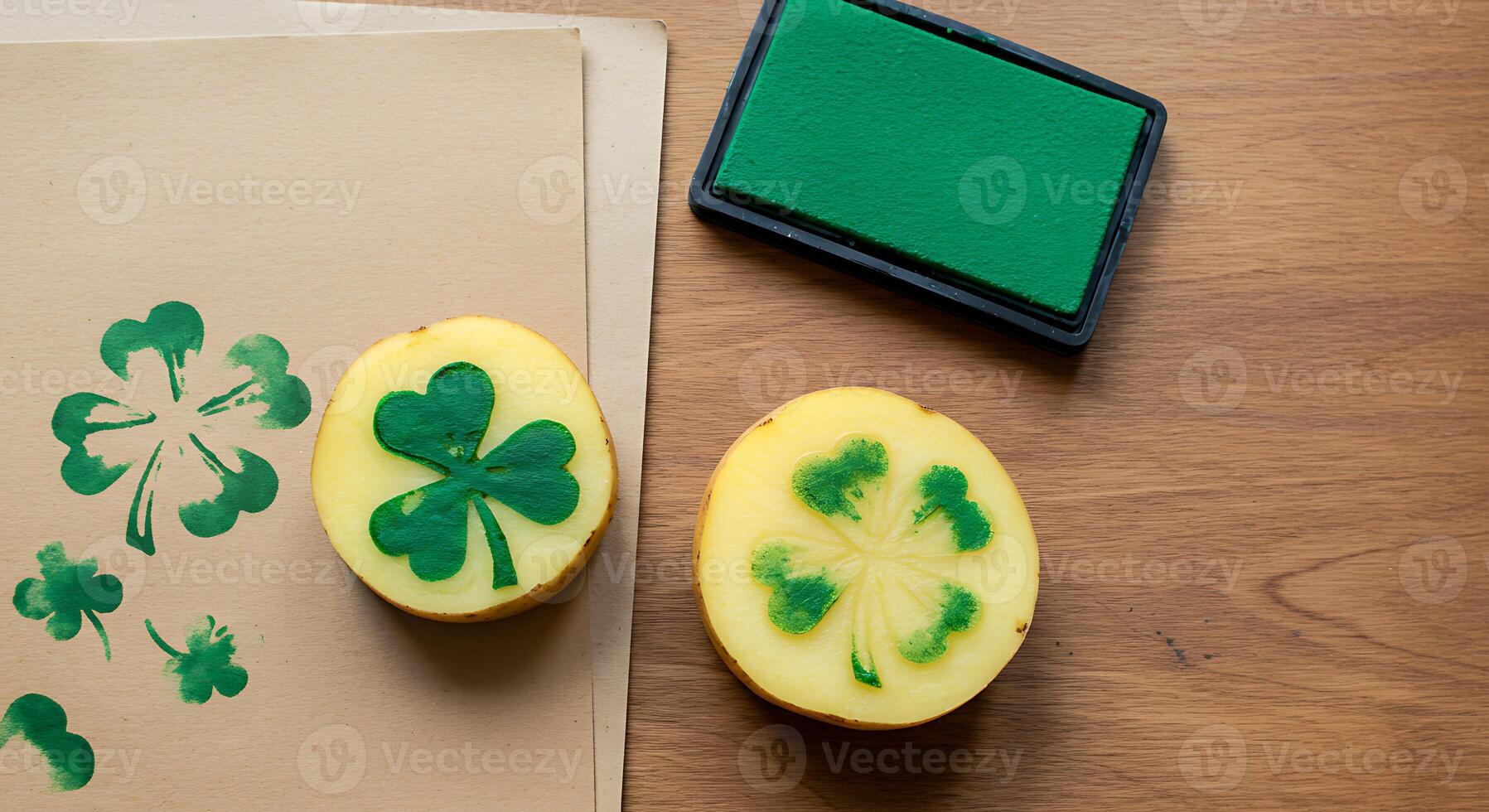 Making Shamrock Potato Stamps with Green Ink on Paper and Wooden Surface photo