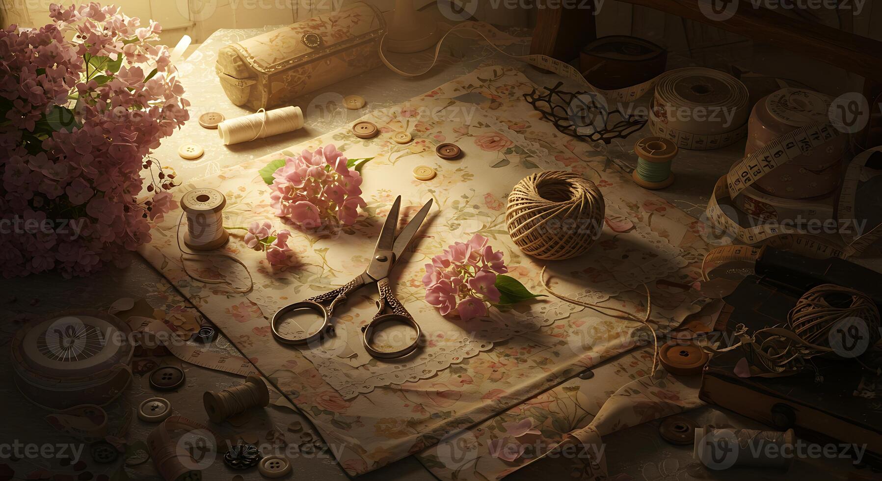 Craft Table Still Life with Scissors, Buttons and Pink Flowers photo