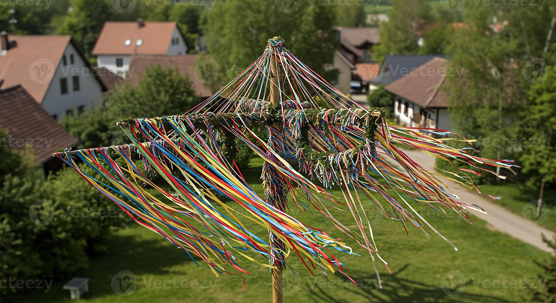 Maypole with Colorful Ribbons in a Village Green Scene on Windy Day photo