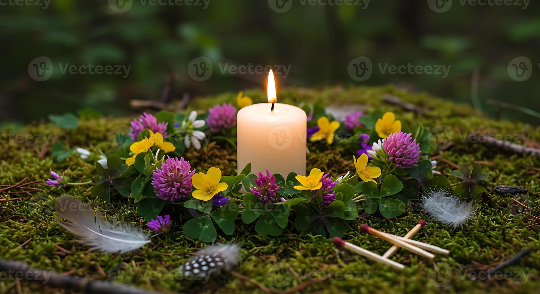 Candle Burning with Flower Wreath on Moss in a Forest Setting photo