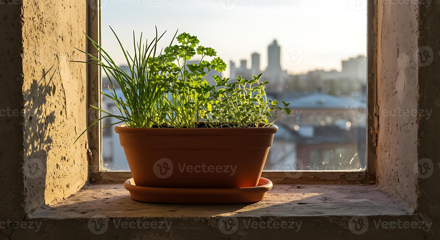 Herb Garden in Pot on Windowsill with City View at Sunset photo