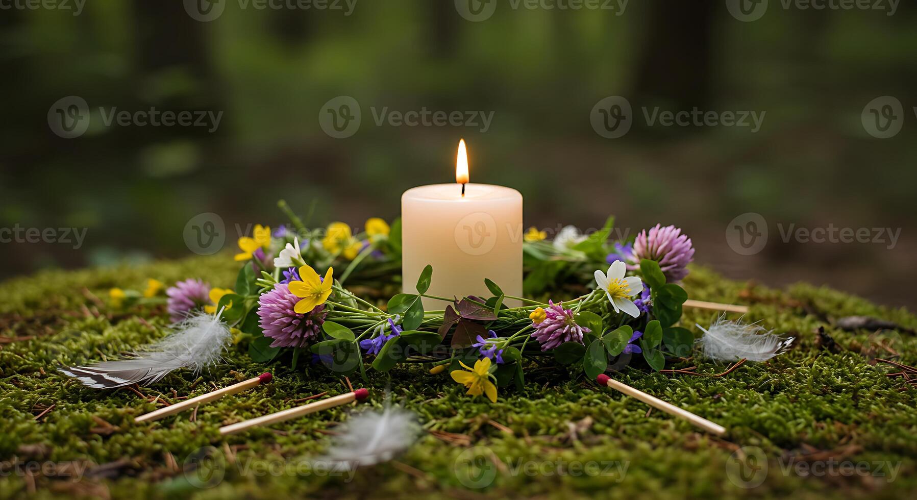 Candle Burning Surrounded by Wildflowers Feathers and Matches in Nature photo