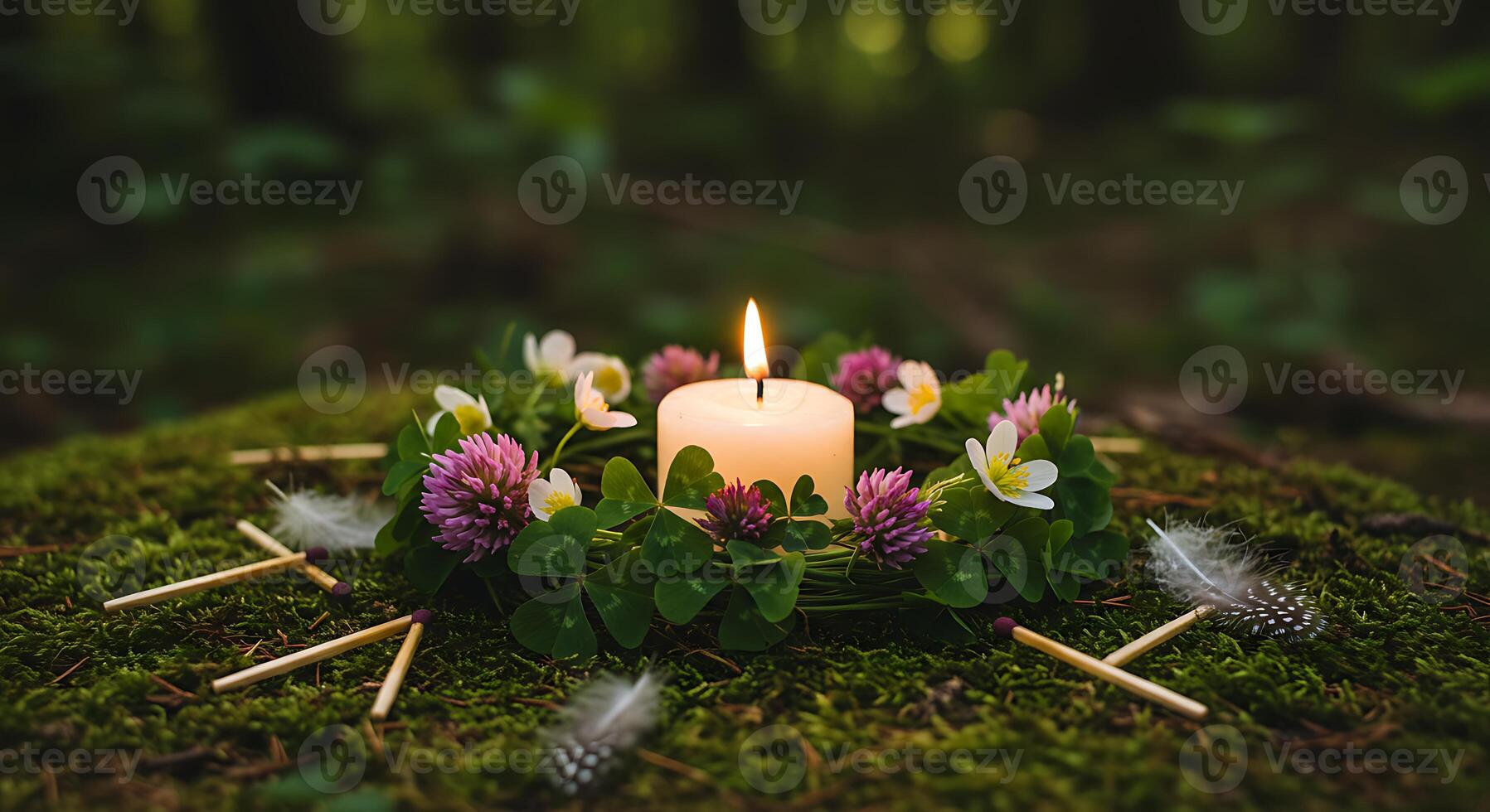 Burning Candle with Flower Wreath on Moss Ground in Forest photo