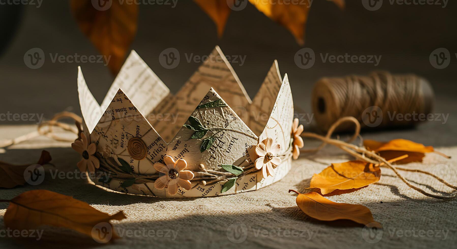 Crafted Paper Crown with Flowers and Leaves on Rustic Fabric photo
