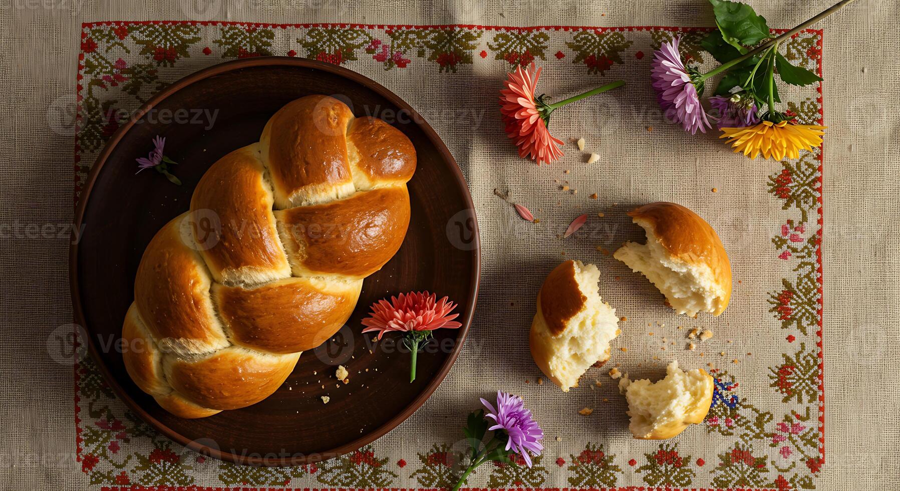 Golden Braided Bread on Plate with Flowers and Embroidered Cloth photo
