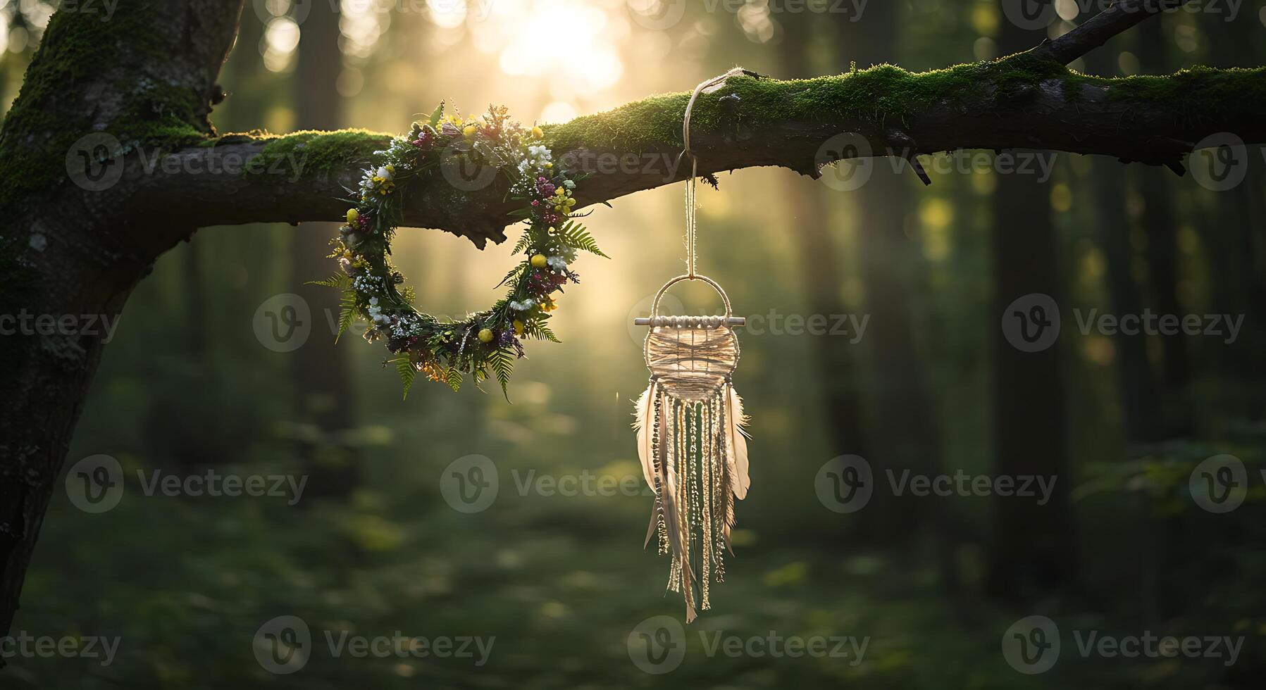 Dreamcatcher and Flower Wreath Hanging on Mossy Branch in Forest photo