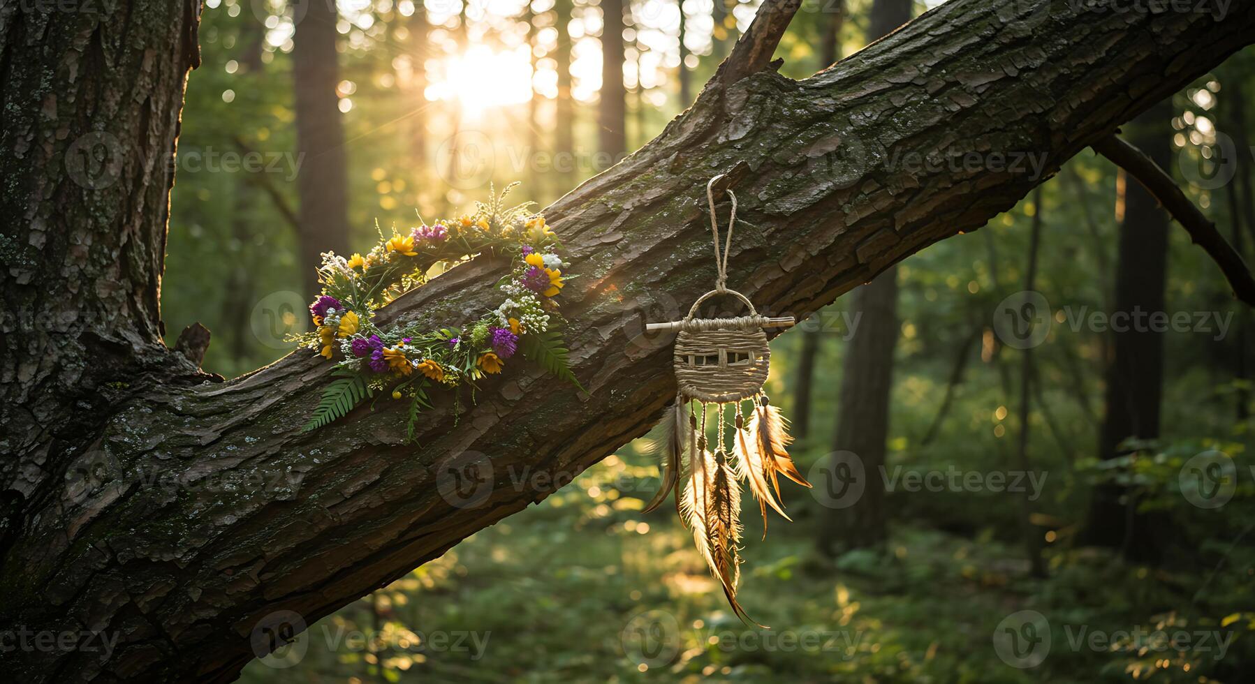 Flower Wreath and Dreamcatcher Hanging on Tree in Forest Sunlight photo