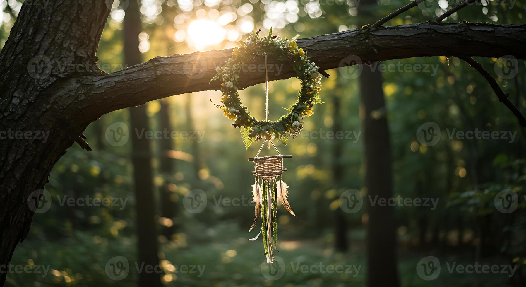Dreamcatcher with Floral Wreath Hanging From Tree Branch in Forest photo