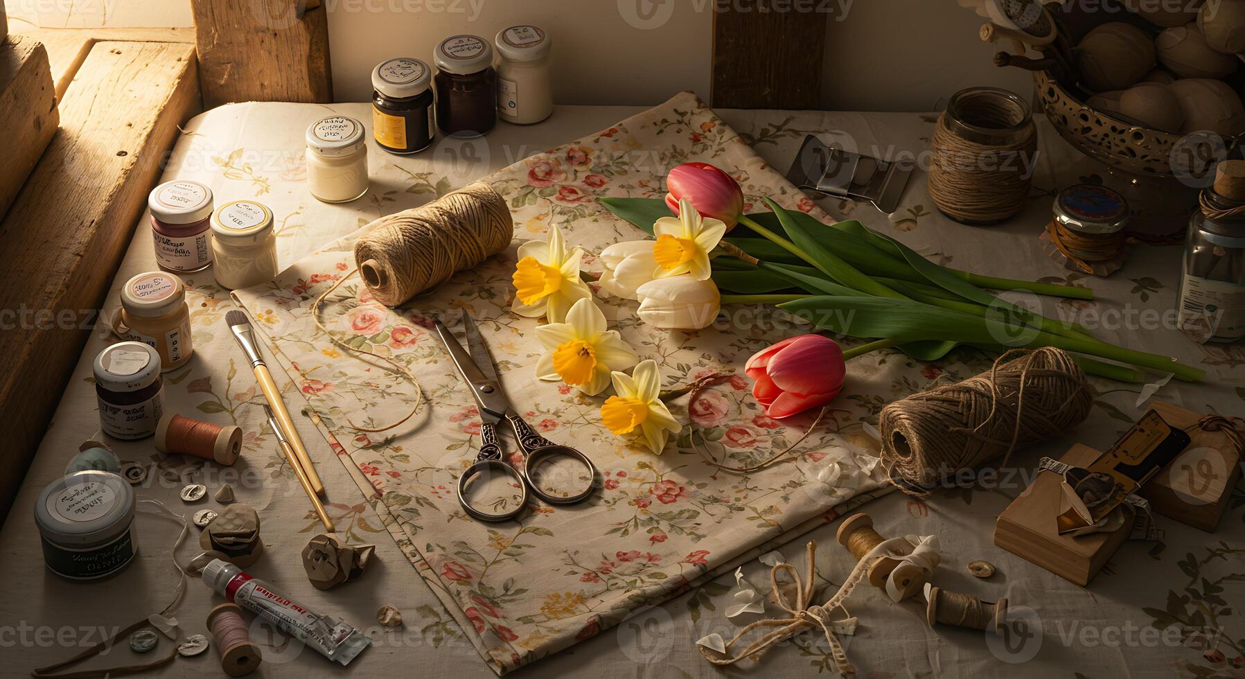 Crafting Table with Flowers, Twine, Paints and Vintage Aesthetic photo