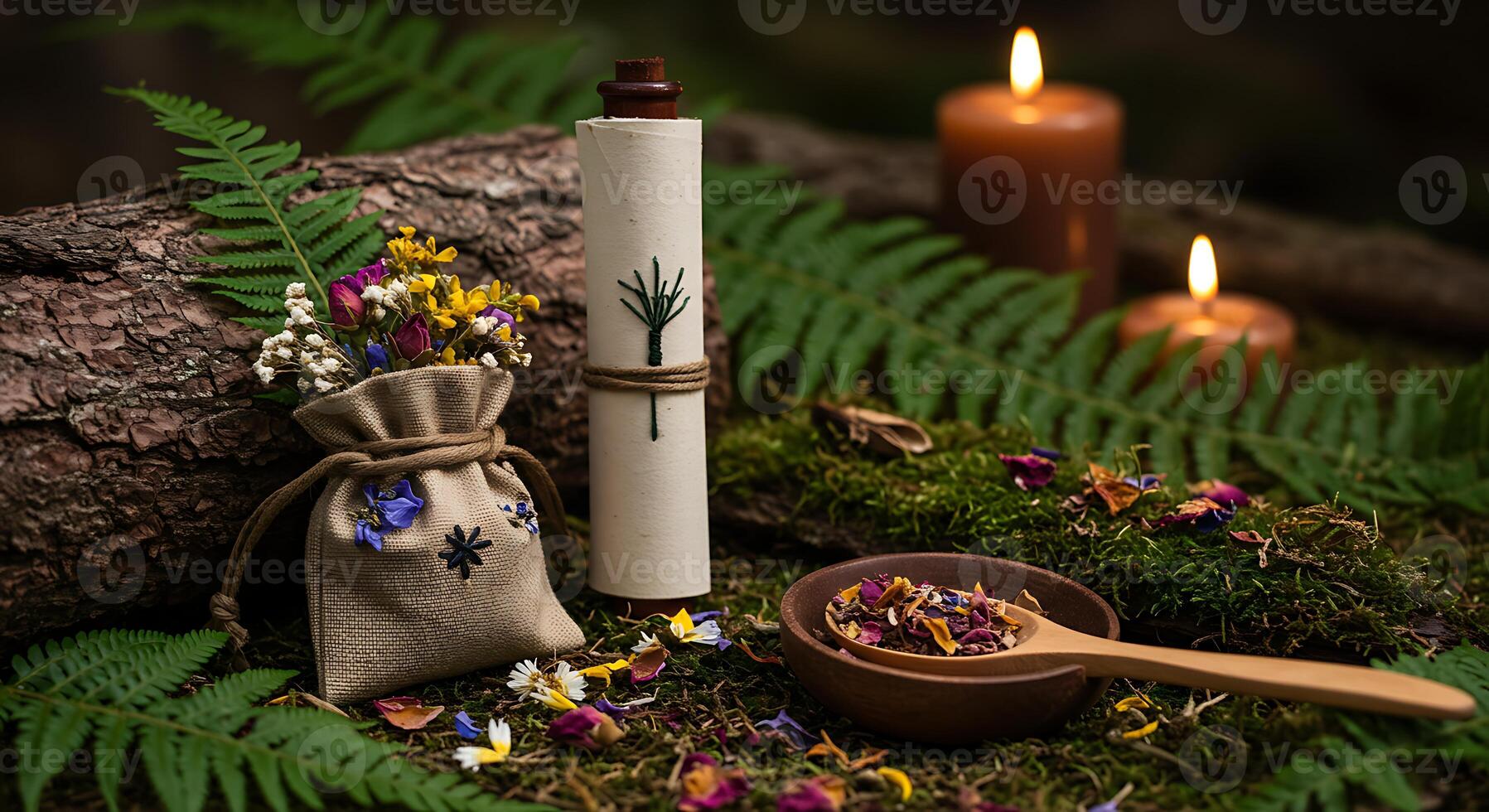 Nature Scene with Pouch Flowers Scroll and Candles on Mossy Ground photo