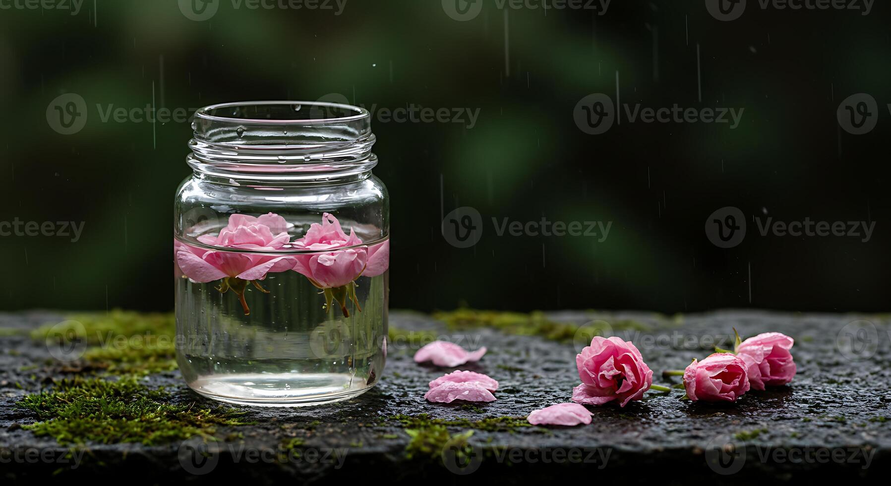 Pink Roses Floating in Water Jar on Rainy Stone Surface photo