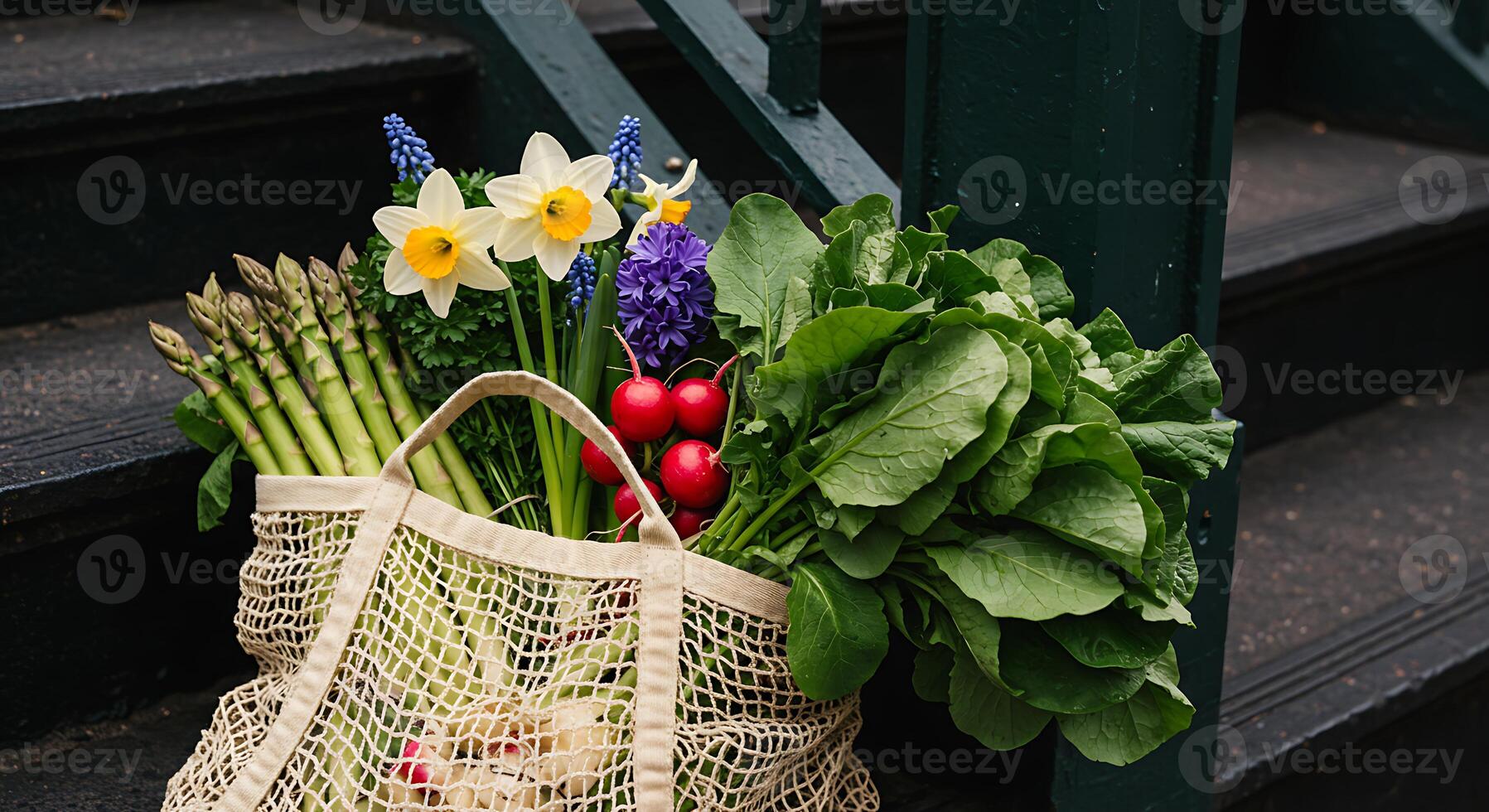 Fresh Produce in Mesh Bag on Steps with Spring Flowers photo